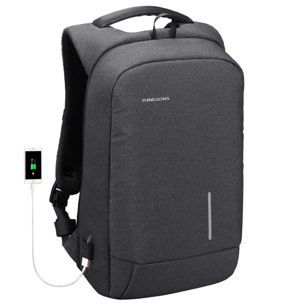 Kingsons Lightweight Traveling Laptop Backpack, Slim Business Travel Computer Bag with USB Charging Port Anti-Theft Water Resistant for 15.6-Inch Laptop Rucksack (Dark Grey)