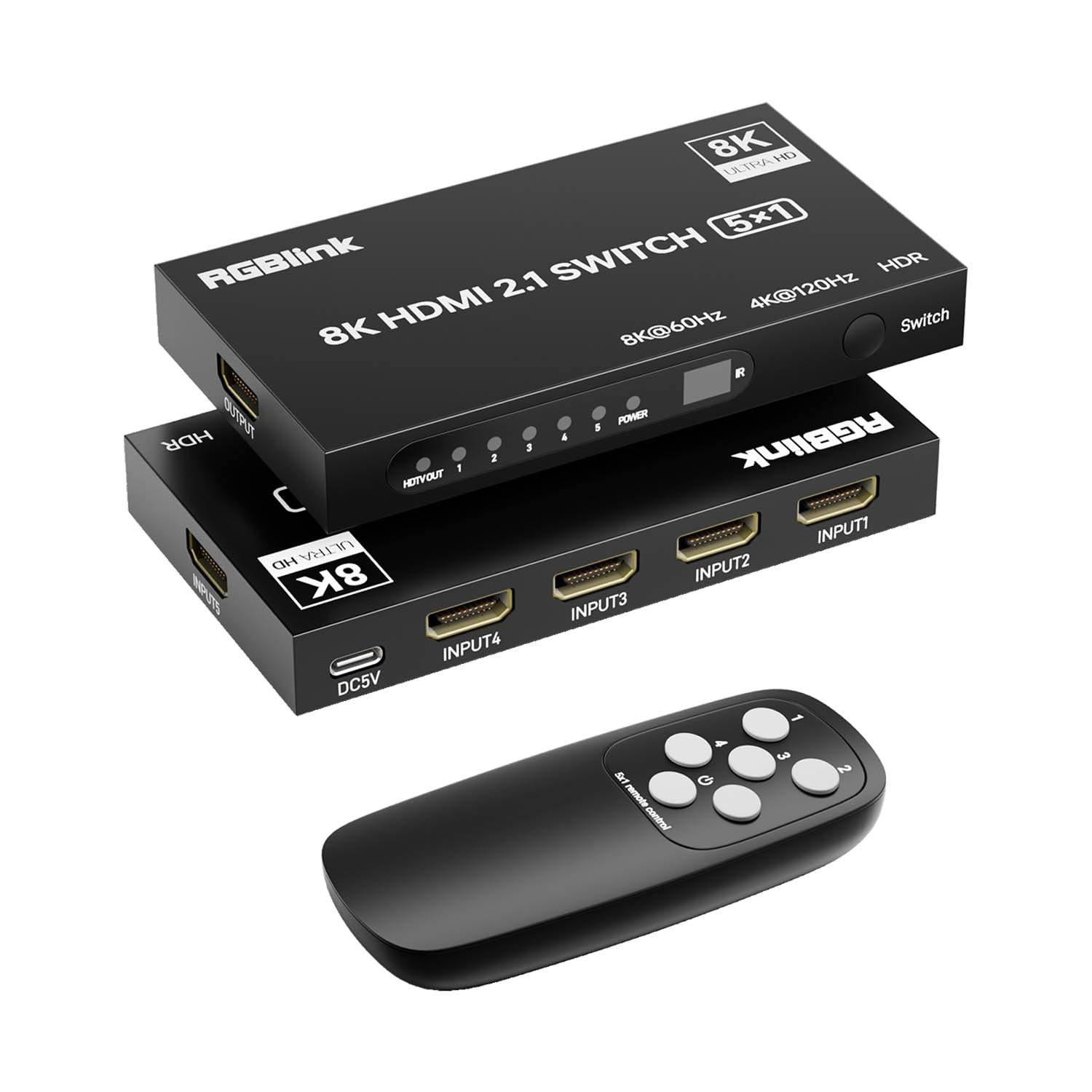 8K HDMI Switch 5 in 1 Out, HDMI 2.1 Switch 4K@120Hz with Remote Selector
