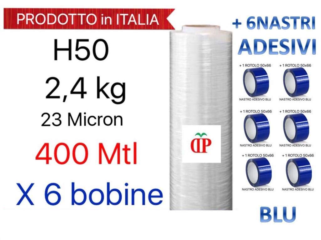 6 BOBINE Pellicola Film in Polietilene per Imballo Imballaggi H 50 cm in Rotolo da 400 mtl spessore 23 micron peso 2,4 kg + 6 ROTOLI NASTRO ADESIVO 50x66 BLU PPL SILENZIOSO