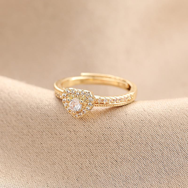 1Pc Sweet Fashion Heart Shaped Zirconia Gold Plated Open Ring Luxury Exquisite Sparkling Cubic Adjustable Rings Daily Wear Party Birthday Valentine's Day Engagement Wedding Jewelry Gifts for Women
