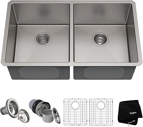 Kraus Standard PRO KHU102-33 - Fregadero de cocina acero inoxidable de 33in y 16g, con doble pila de distribución 50 y 50 para montar bajo encimera