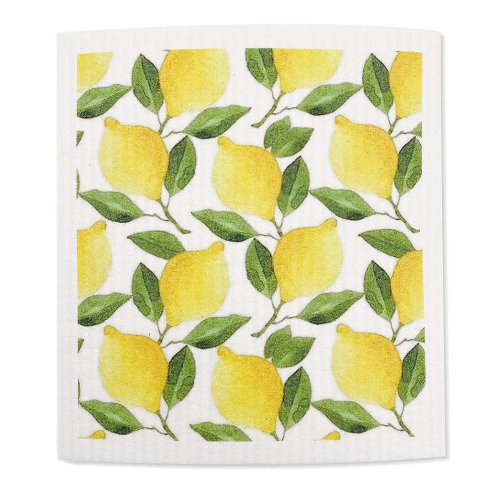 Swedish Dishcloths for Kitchen, Lemon Print, Reusable Dishcloths, Eco Friendly Compostable Wash Rags, Absorbent Cellulose Sponge, Bulk 6 Pack