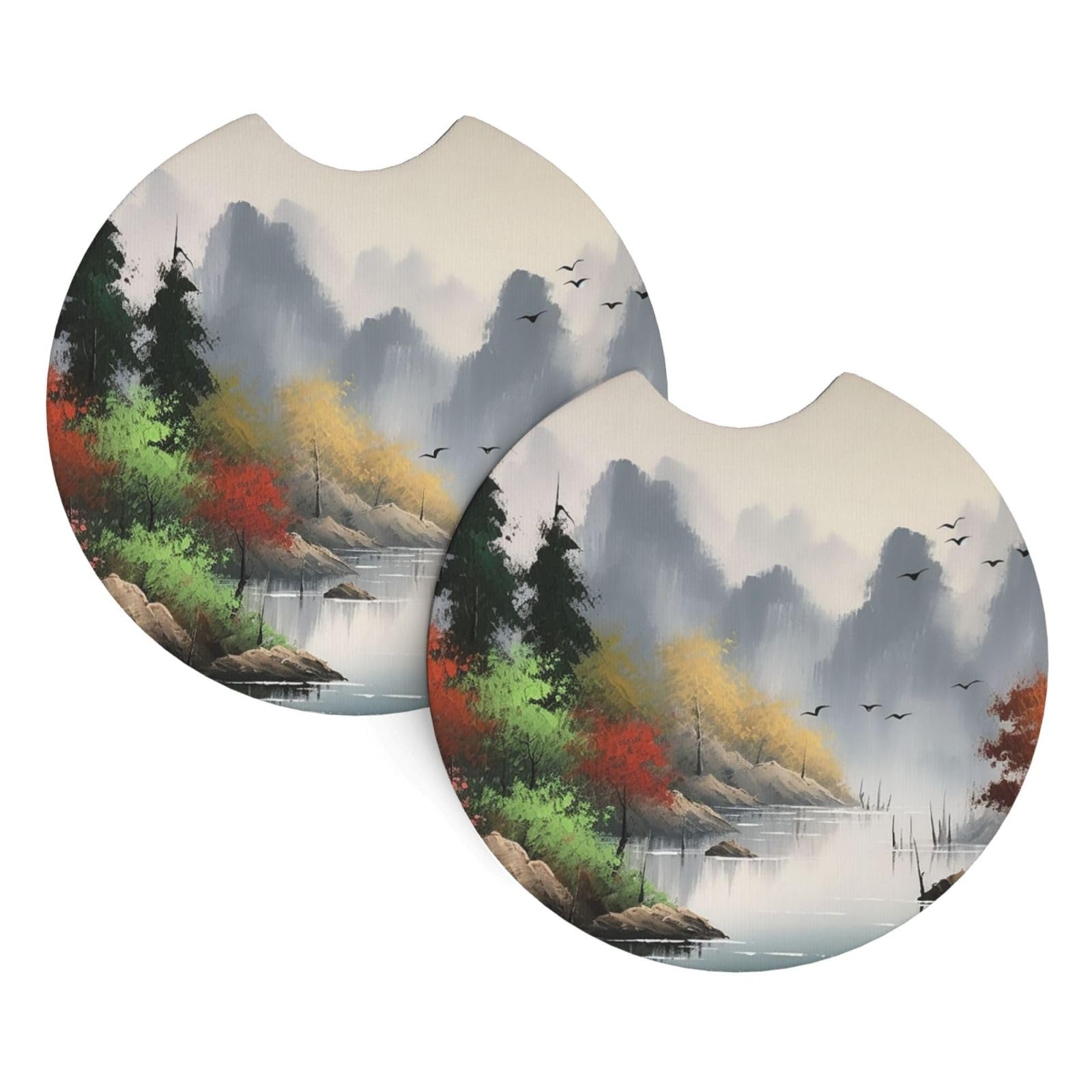 2 Pack Car Coaster for Cup Holders Landscape Painting Car Cup Coaster 2.7" Neoprene Non-Slip Automotive Cup Mat Universal Auto Car Interior Accessories for Women Men Cup Pad