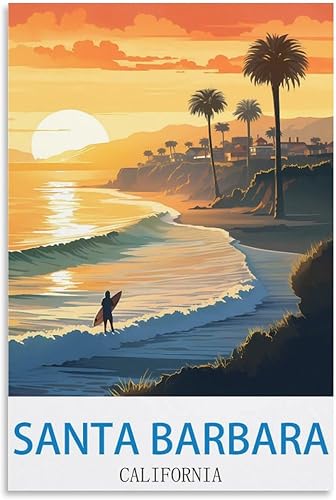 Pósteres de viaje vintage de Santa Bárbara California para surf, 08 x 12 pulgadas, pintura en lienzo, arte de pared, decoración de pared,