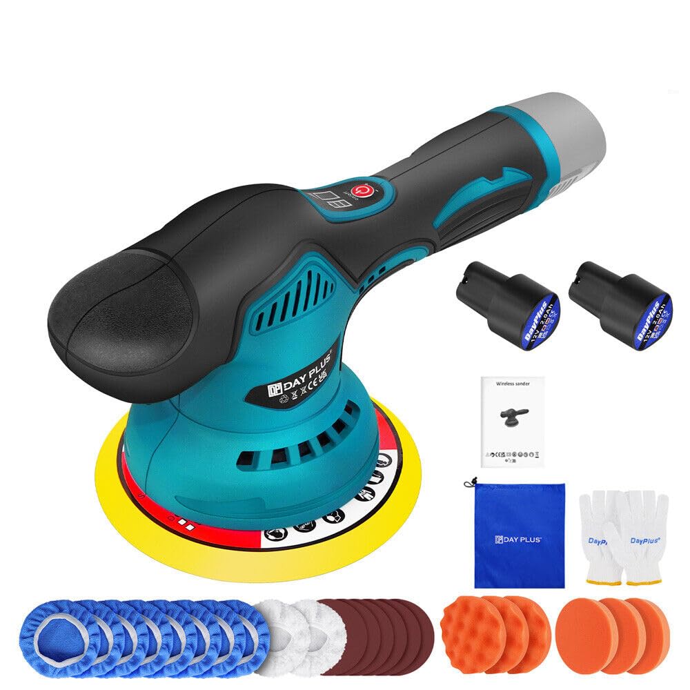 Lucidatrice Elettrica per Auto, 300W Lucidatrice Rotorbitale a Batteria, 8 velocità Variabili, con Base 125mm-150mm, per Auto,Lucidatura di Pavimenti e cera, 2 x 2.0Ah Batterie, 22 Accessori