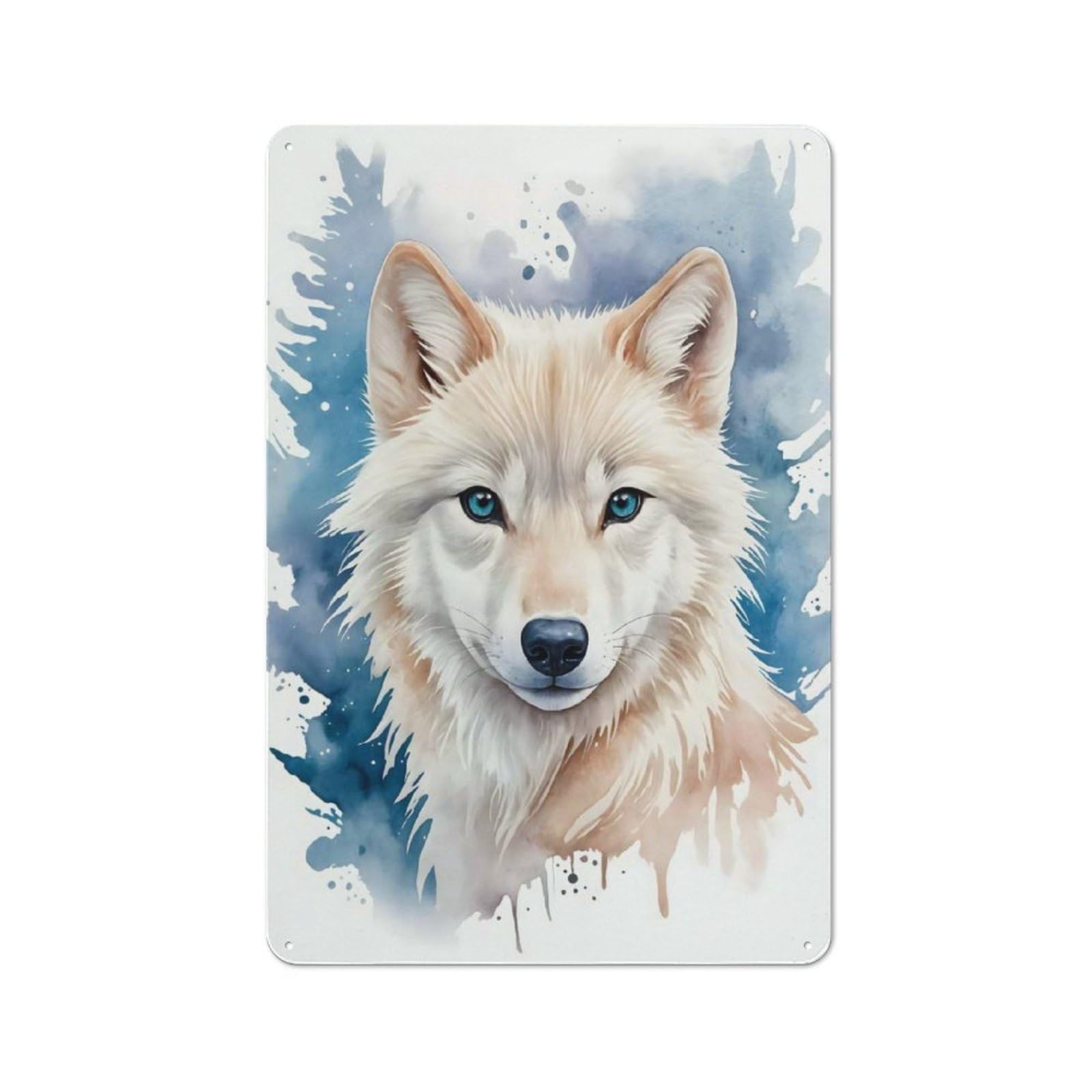 White Wolf Cute Watercolor Tin Wall Plaque 30x20cm, Barn Style Rustic Kitchen Decor for Farmhouse Kitchen, Pantry Or Dining Area