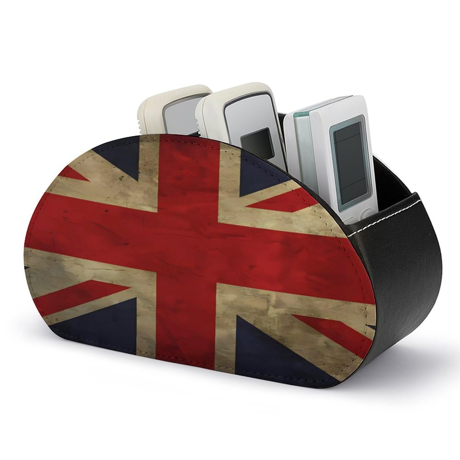 VstaDank British Flag Remote Control Holder with 5 Compartments PU Leather Remote Caddy Desktop Organizer Store TV Remote Control Storage Box for Home Office Desk Nightstand