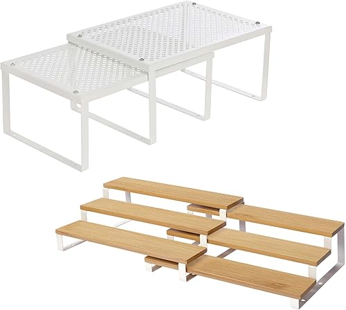 SONGMICS Paquete de 2 estantes de gabinete y estante de especias de 3 niveles, estantes de metal para encimera de cocina, soporte extensible para