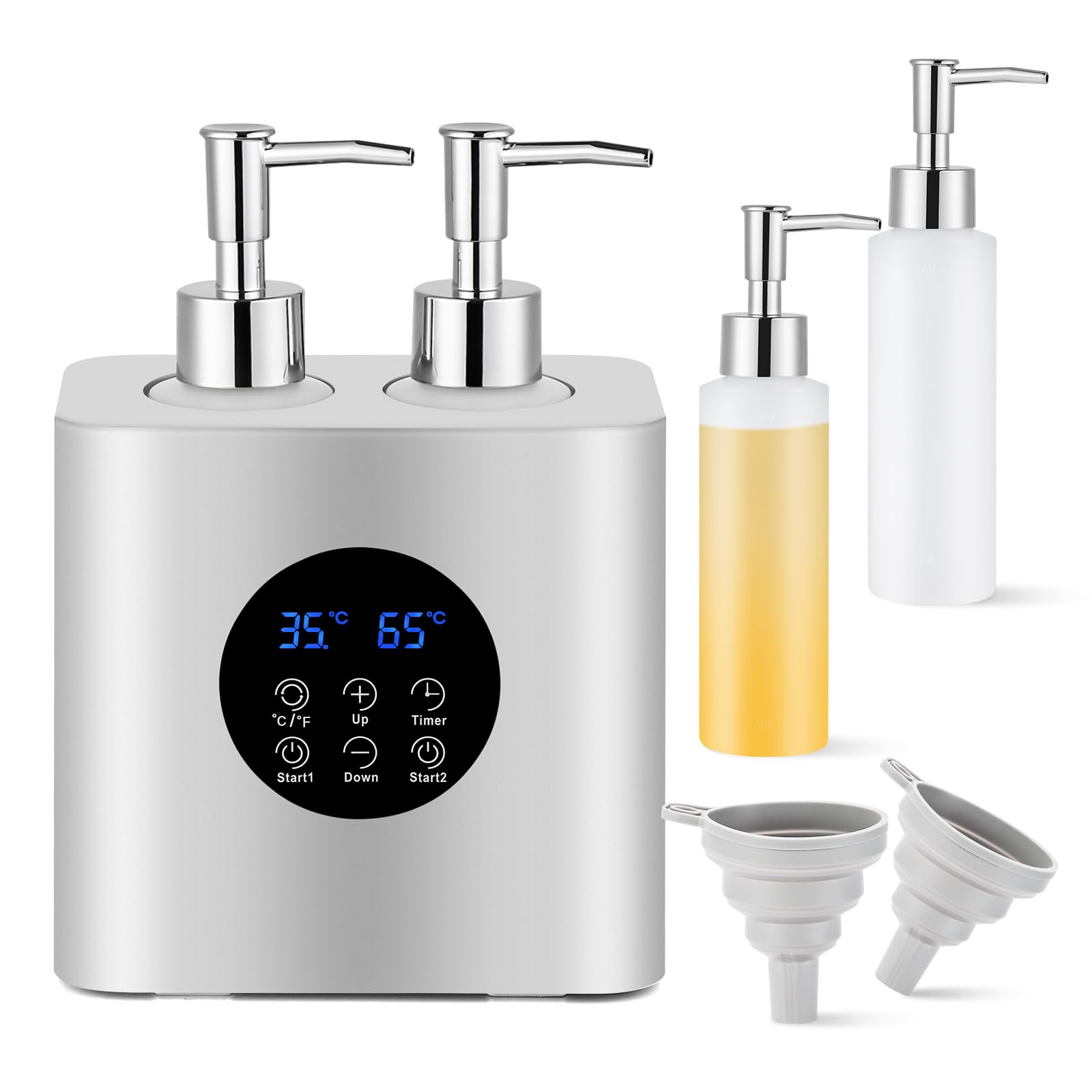 Calentador de Aceite de Masaje Profesional Double con Botón Táctil, Dispensador de Loción Inteligente con 4 Botellas de 245 ml y Embudo (30 °C a 65 °C) fusible de 360 grados, calentamiento rápido