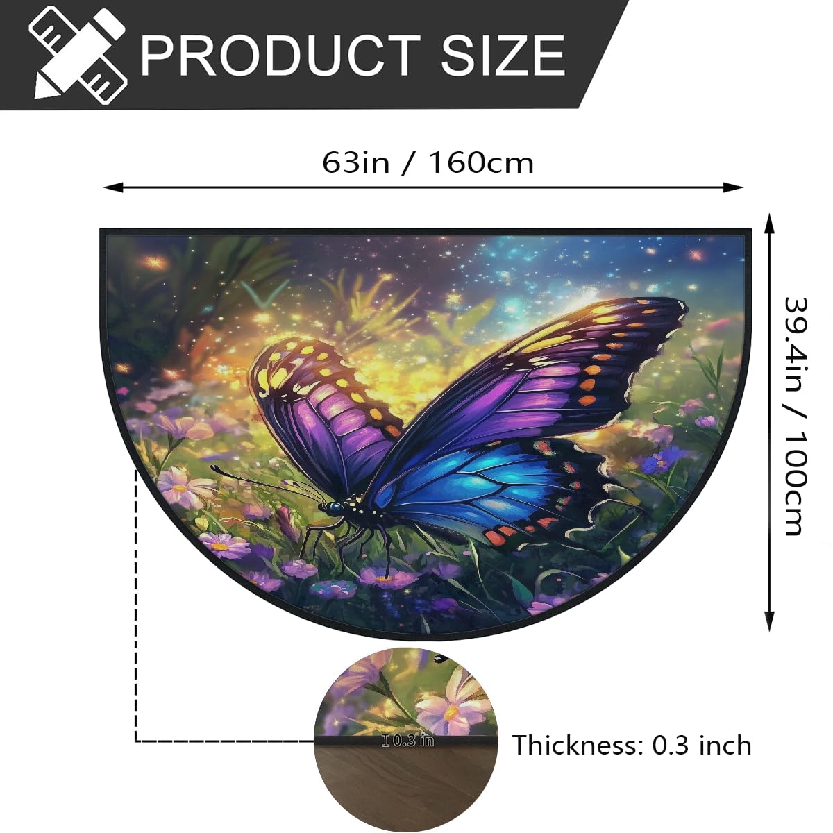 Mexpekil Beau paillasson demi-lune pour intérieur et extérieur - Motif papillon et fleur - Demi-cercle - Tapis de sol antidérapant - Lavable - Attrape la saleté - 100 x 160 cm