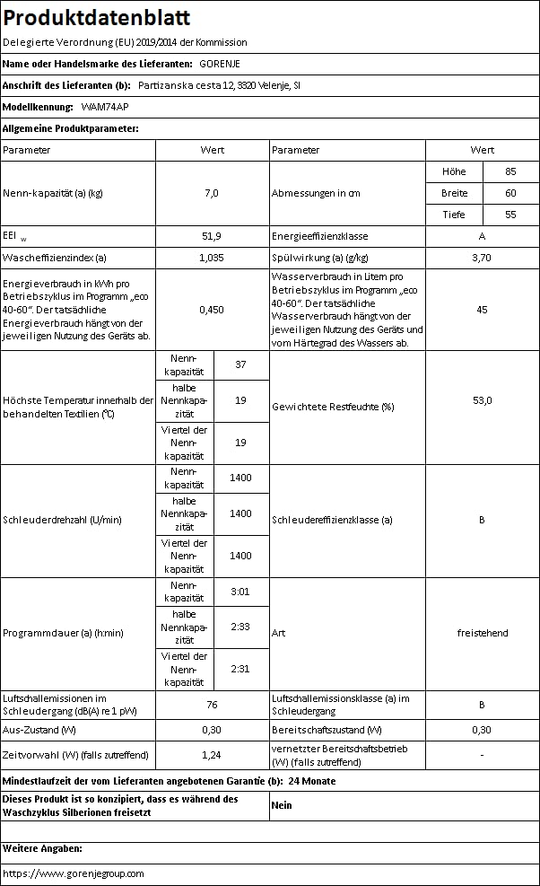 Gorenje WAM 74 AP Waschmaschine mit Dampffunktion / 7 kg / 1400 U / 16