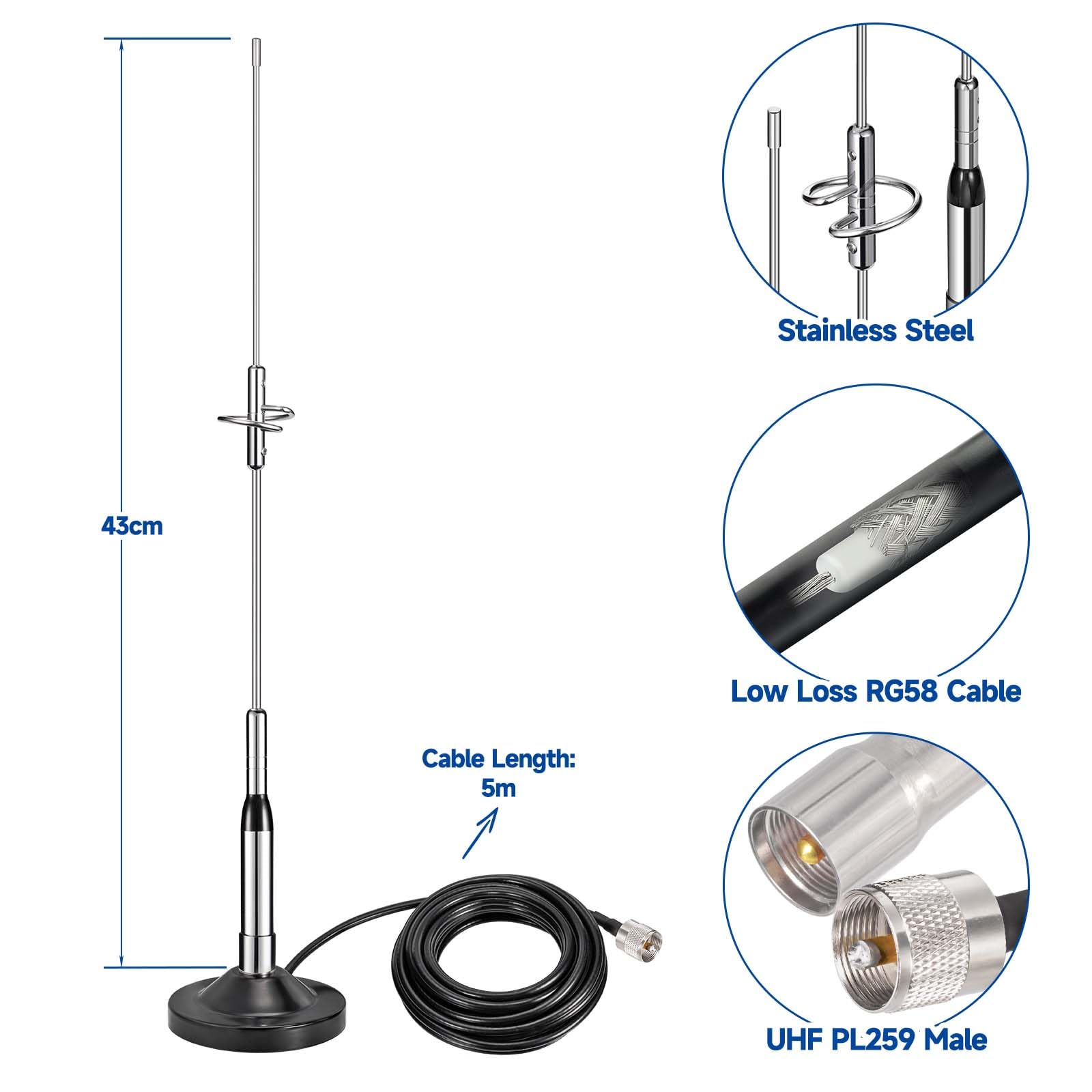 Bingfu Antenna VHF UHF Alto Guadagno 136-174MHz 400-460MHz Bibanda Base Magnetica Anti Ruggine per Veicolare Auto Camion Radio a Due Vie Ham Mobile VHF Marine - Cavo 5m