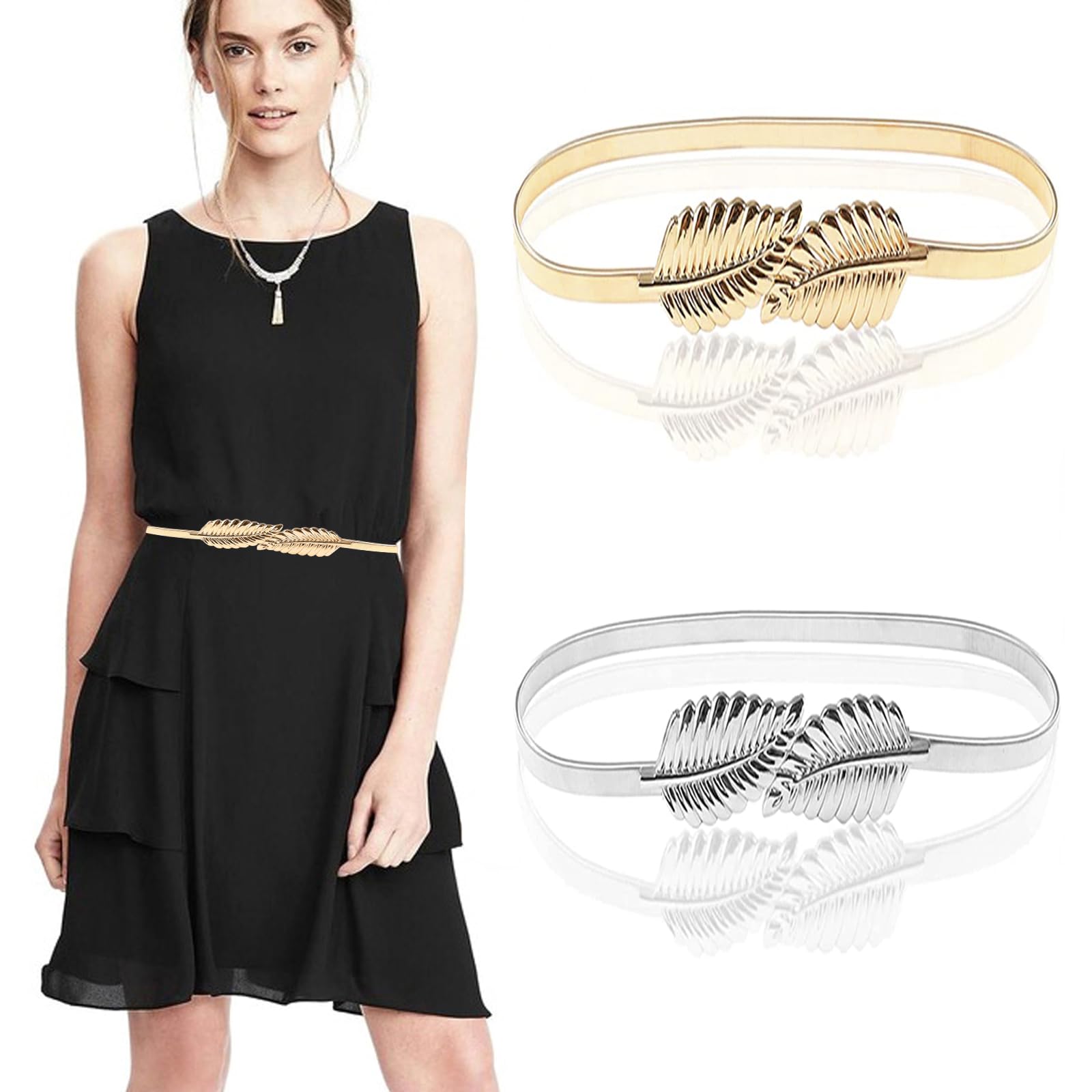 GUUFOO 2 Pezzi Decorativa in Vita Alta Cintura Elegante, Metallo Oro con Catena,Sottile Elastica Donne Vestito Accessori