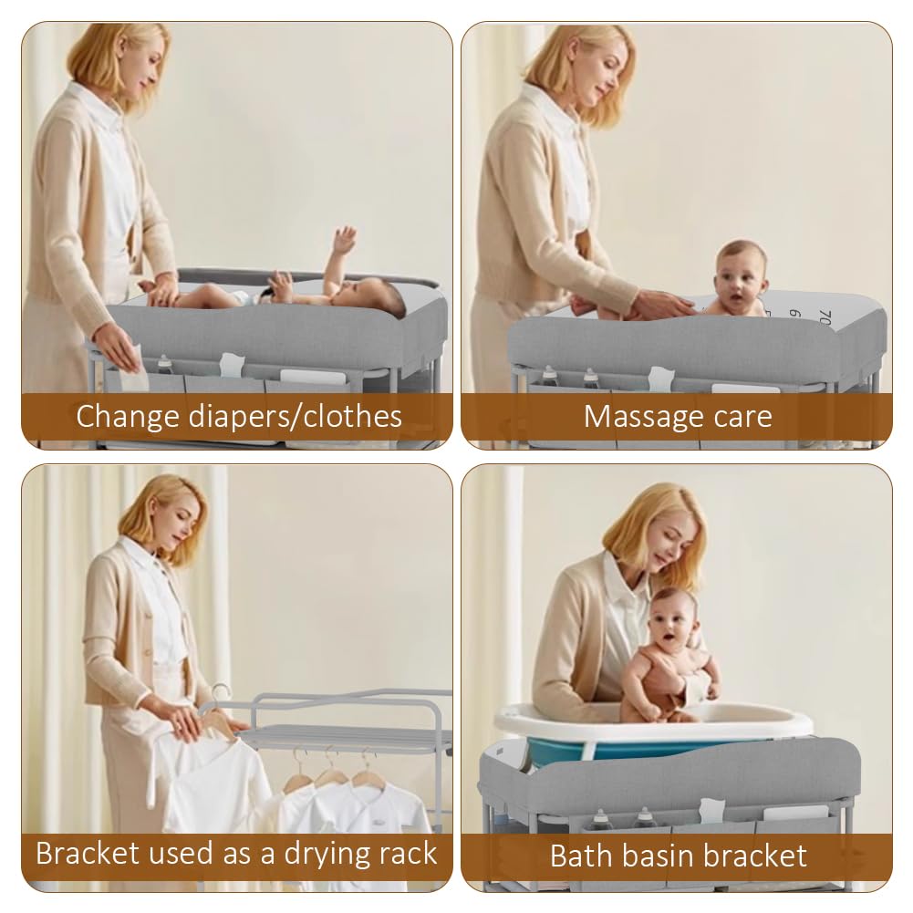 Cambiador de pañales, cambiador portátil para bebé, cambiador de pañales con cajones de almacenamiento, estación de cambio de bebé impermeable con ruedas y altura ajustable para bebés recién nacidos y 6