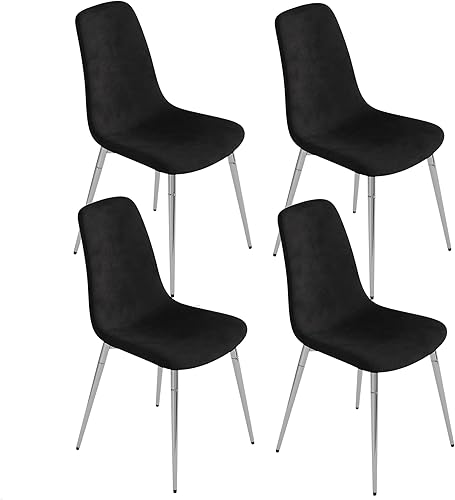 Mid-Century - Juego de 4 sillas de comedor modernas, cómodas sillas auxiliares con asiento de tela, patas plateadas de metal resistentes para