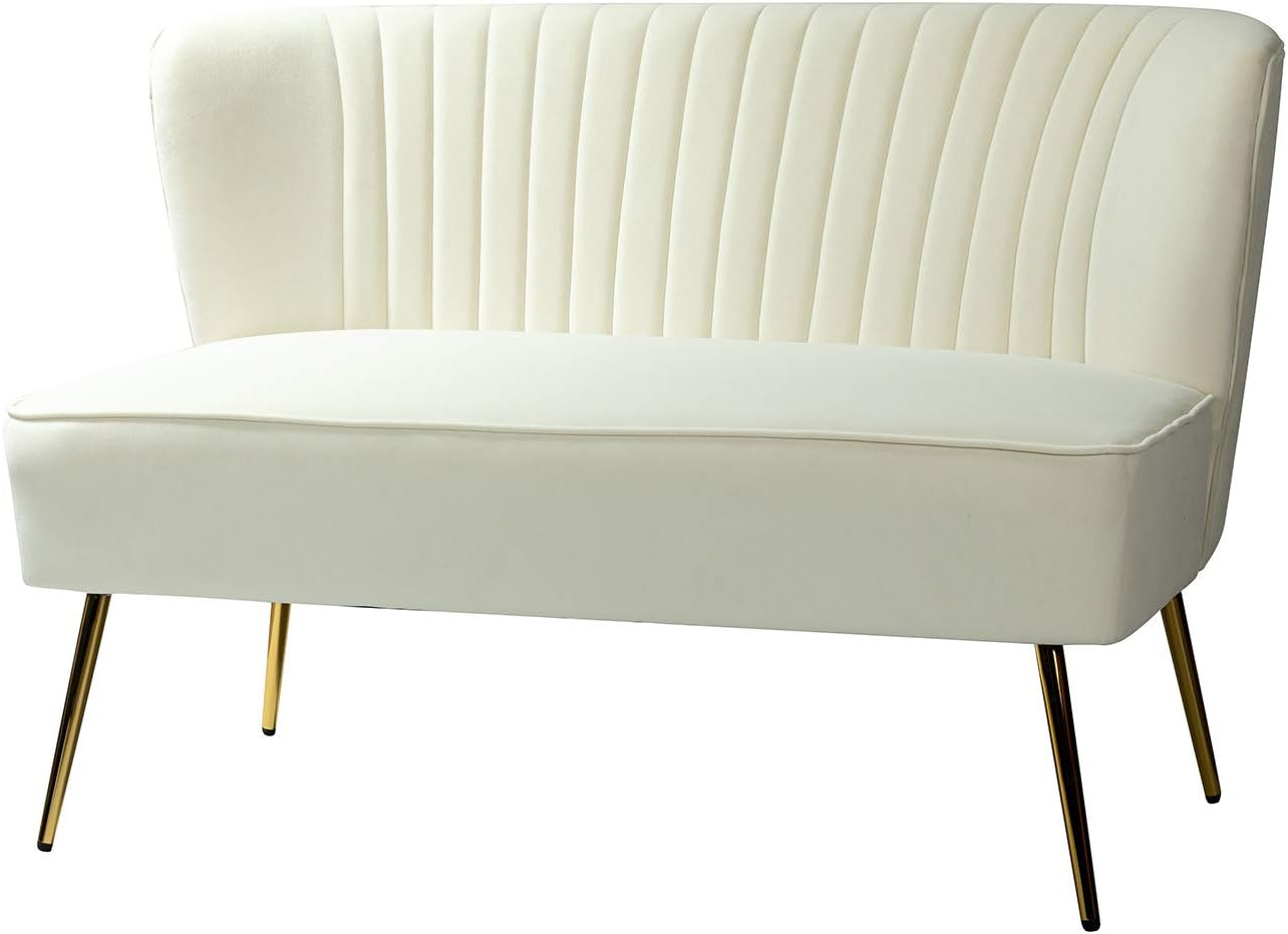 TINA'S HOME Contemporary Velvet Loveseat Sofa, Upholstered Loveseat Couch with Golden Metal Legs, Small Tufted 2-Seat Sofa Armless Love Seat for Living Room, Bedroom, Apartment Small Spaces, Ivory