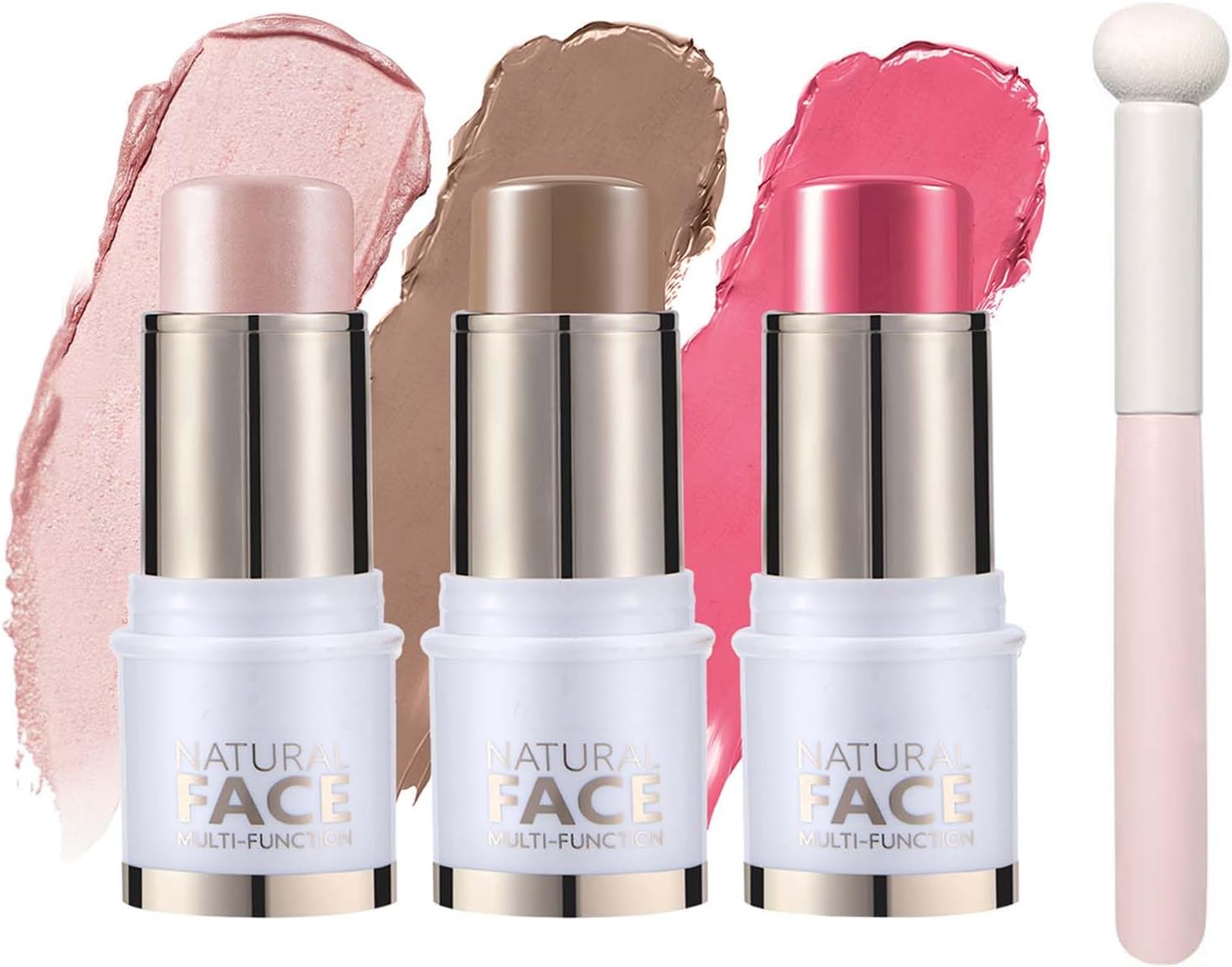 3 stuks crème contourstick, highlighter stick en blush stick met kwast, waterdicht, langdurige contourstiften voor wang, lip en oog, melktextuur, lichte finish-make-up