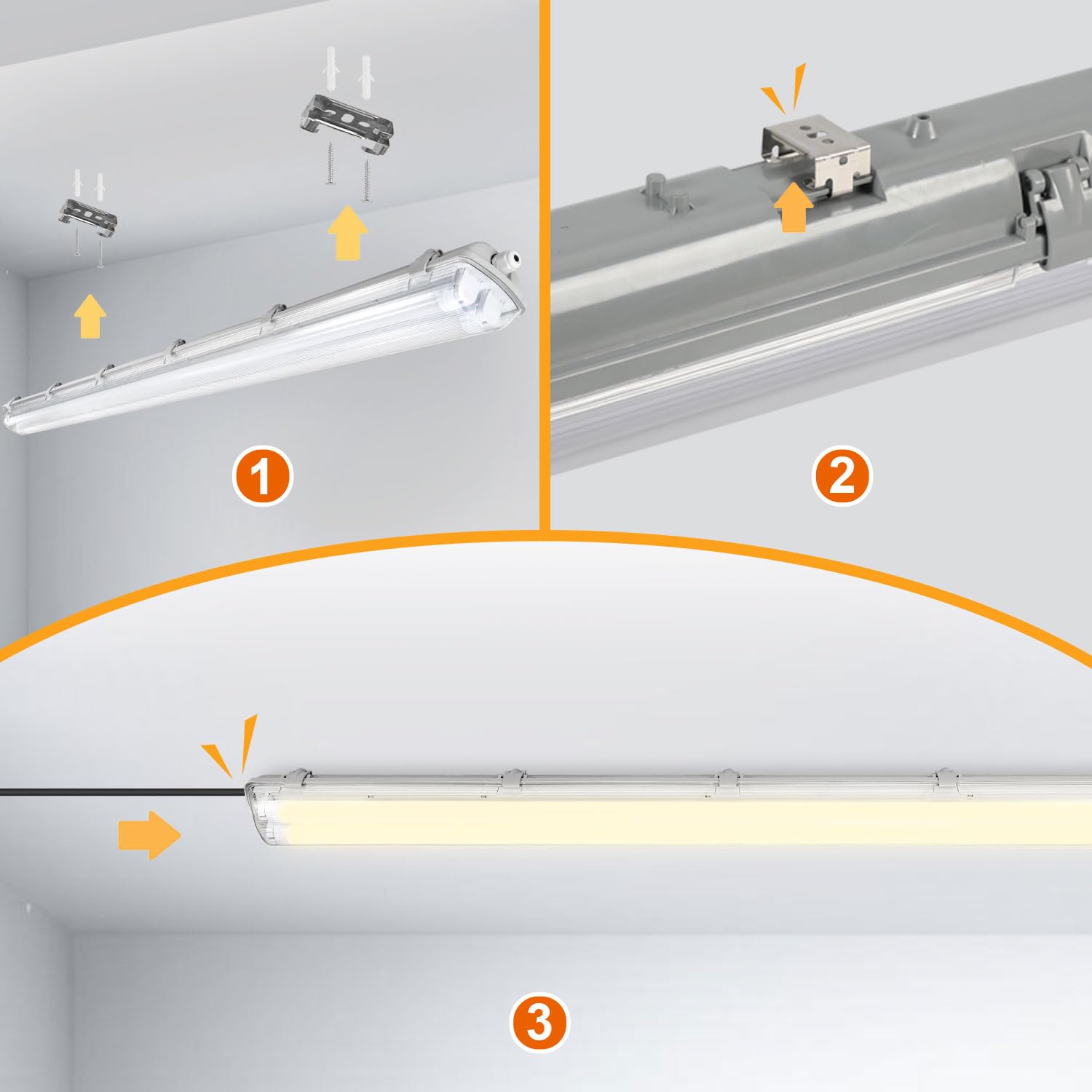 Fiqops Lampada a LED per ambienti umidi, 120 cm, 2 x 18 W, 3600 lm, luce bianca fredda, 6500 K, IP65, impermeabile, per ambienti umidi, doppio tubo T8, lampada tubolare da officina, per garage