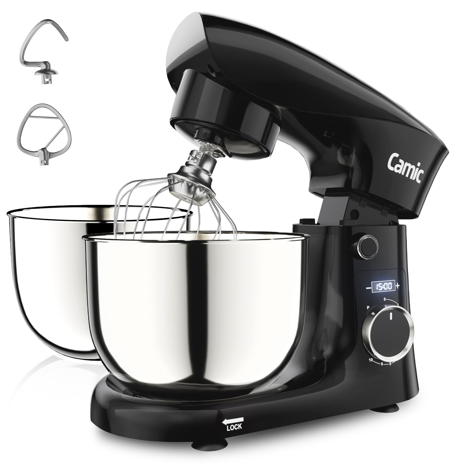 Camic Amasadora Batidora 4L + 5L Recipiente Inox, Amasadora Pantalla LED, Temporizador, 10 Configuraciones de Velocidad, Gancho de ReposterÃa, Batidor, Mezclador, Para Masa, Pan, Pizza, Pasteles