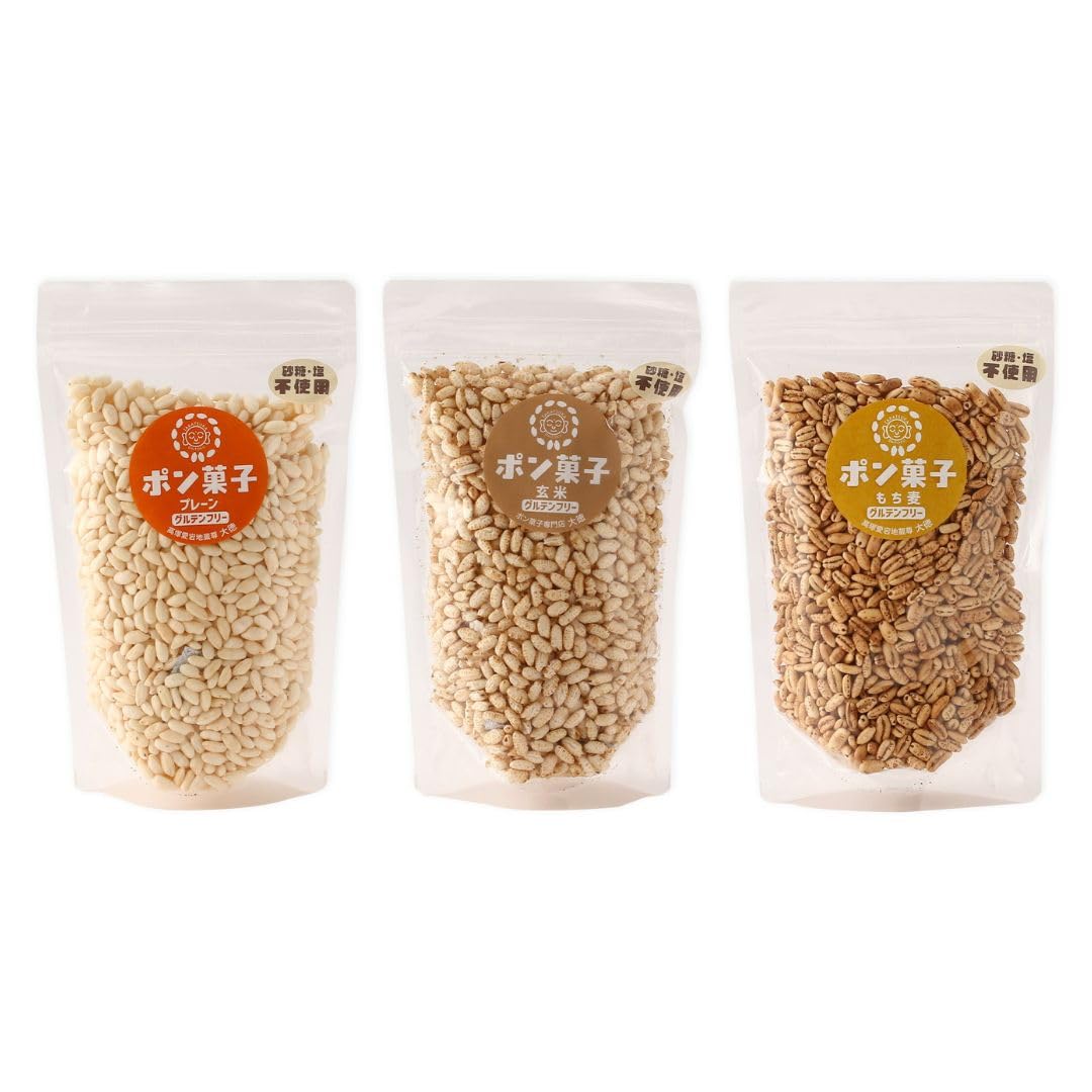 Daitoku Manma Pong Sweets, 3 Types Variety Set (Plain, Brown Rice, Mochi Wheat), Sugar/Salt Free, Each 1.8 oz (50 g) Rice Confectionery, Additive-Free, Gluten Free