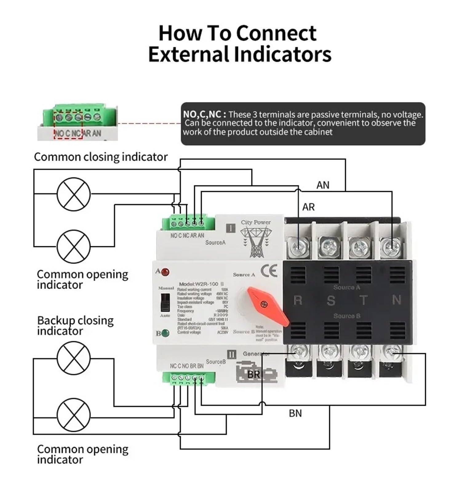 1 pz W2R Mini ATS 4P Interruttore di trasferimento automatico Controller Tipo elettrico ATS Max 100A 4 POLI Interruttore elettrico su guida DIN(W2R-4P-110V,4P 63A)