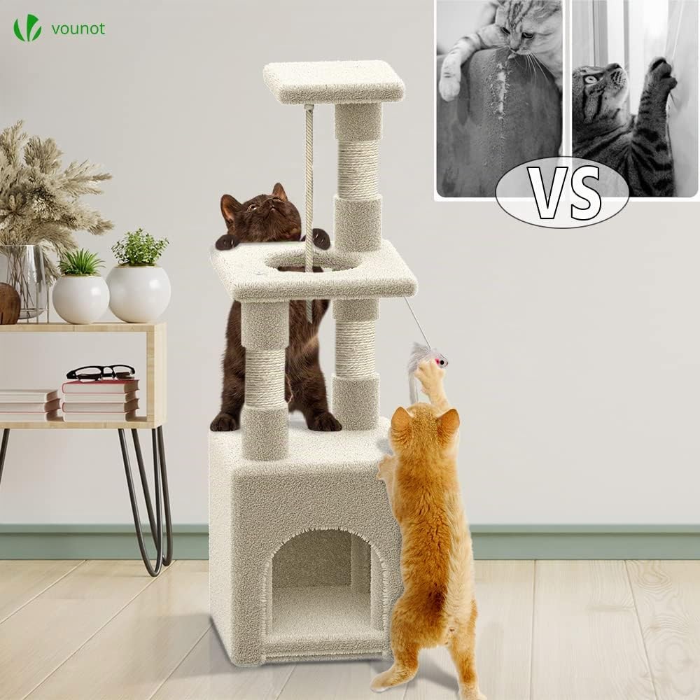 VOUNOT® Arbre à Chat Multi-Niveaux avec Griffoir Arbre à Grimper pour Chat avec Corde et Plateformes pour Félins Hauteur 88cm Beige