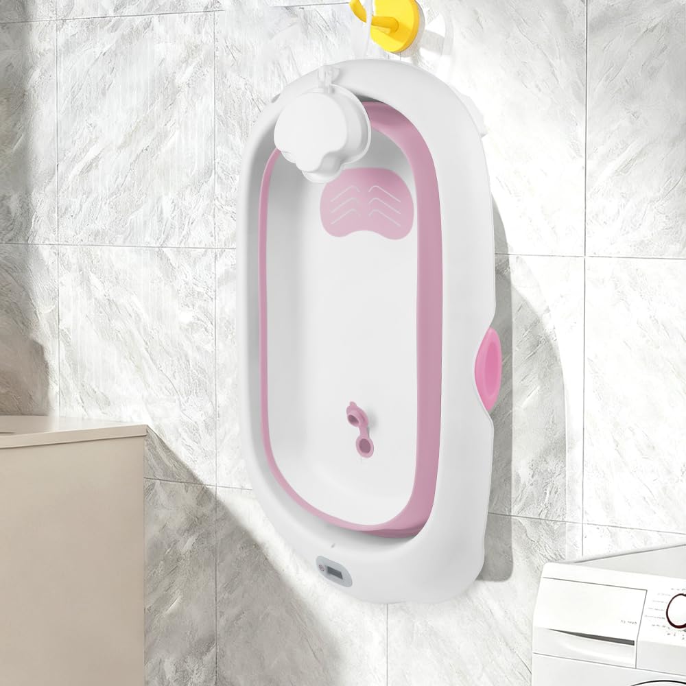 Homewell - Bañera para bebé plegable con cojín de baño para bebé y termómetro integrado, viaje, cuenca para bebé, bañera infantil, regalo de nacimiento, 97 x 52 x 24 cm (rosa)