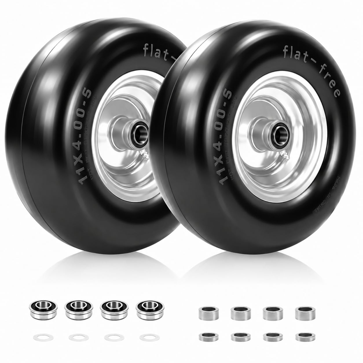 2 Pcs 11x4.00-5 Flat Free Lawn Mower Tire and Wheel, 3/4" &amp; 5/8" Bearings