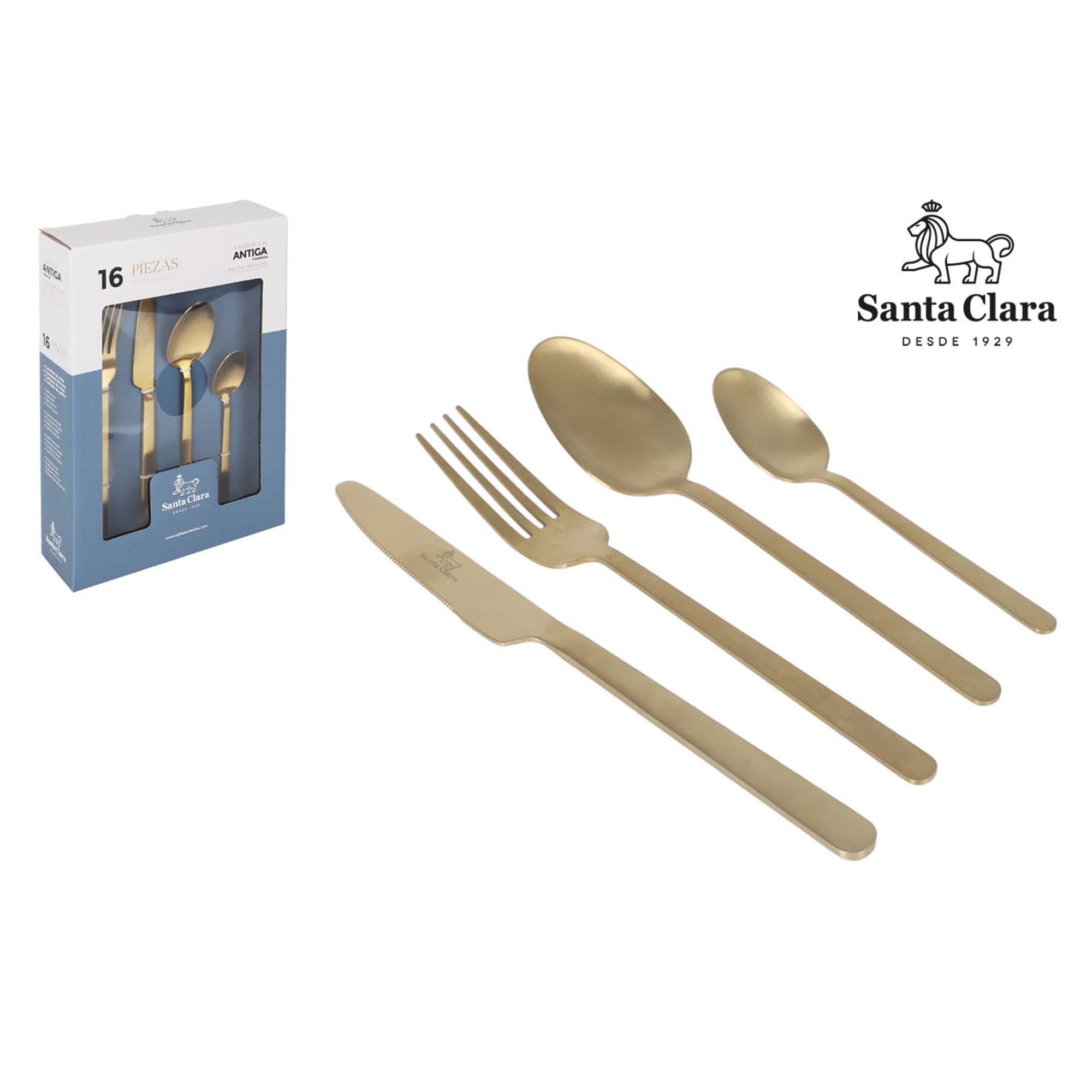 SANTA CLARA | Cubertería completa 16 piezas de acero inoxidable acabado champán PVD, juego de cubiertos con cuchillo, tenedor, cuchara y cucharilla de postre, servicio para 4 personas, modelo Antiga