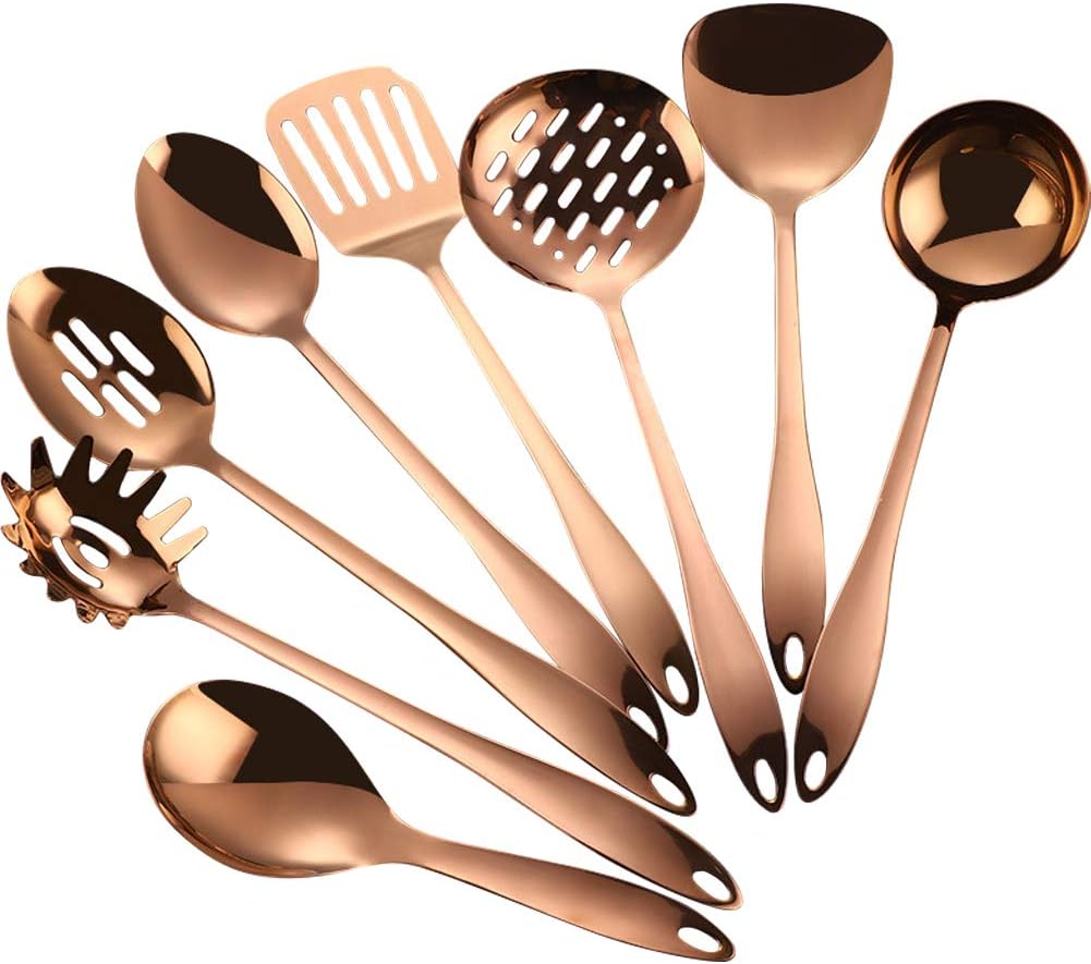 8 Piece Stainless Steel Kitchen Utensil Set Rose Gold Nonstick Cooking Utenisls Titanium Plated Kitchen Tools Gadgets Slotted Spatula Spoon Turner Ladle Dishwasher Safe