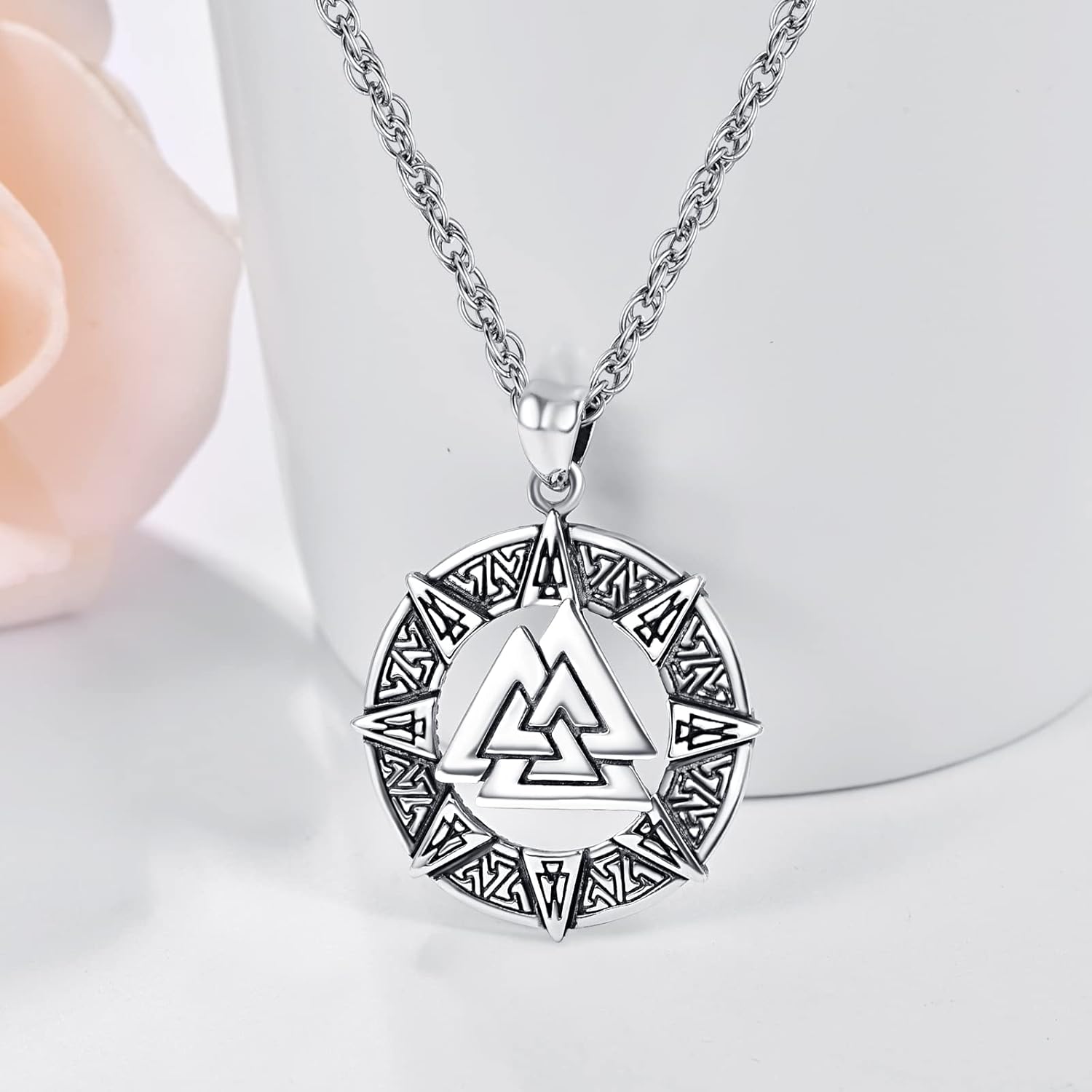 TANGPOET Valknut Necklace for Men 925 Sterling Silver Norse Pendant Necklace Viking Jewelry Nordic Gifts for Bithday Christmas Fathers Day with 20"+2" Chain Gift Box - Image 3