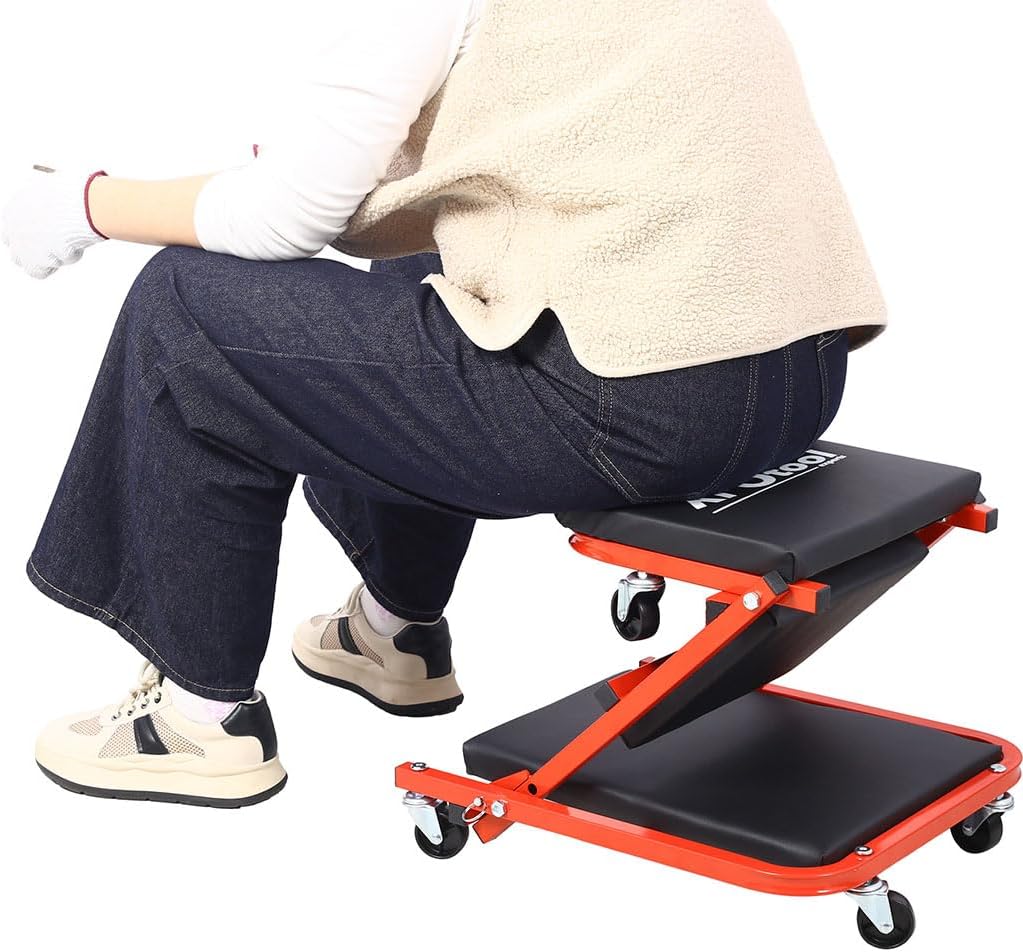 Mechanic Creeper, 2-in-1 Foldable Garage Creeper Shop Seat with 6 pcs Wheels and 300 LBS Capacity Automotive Mechanic Repair Under Car Rolling Creeper Seat for Fathers Day Tool Gift,Red