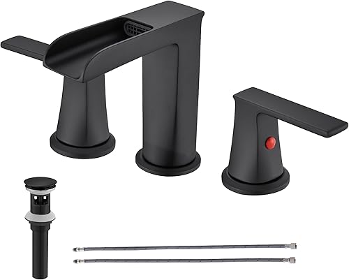 FOUTLQ Grifo de baño en cascada negro mate, 2 asas, grifo de lavabo de baño, 3 agujeros con drenaje desplegable, manguera de suministro y placa de