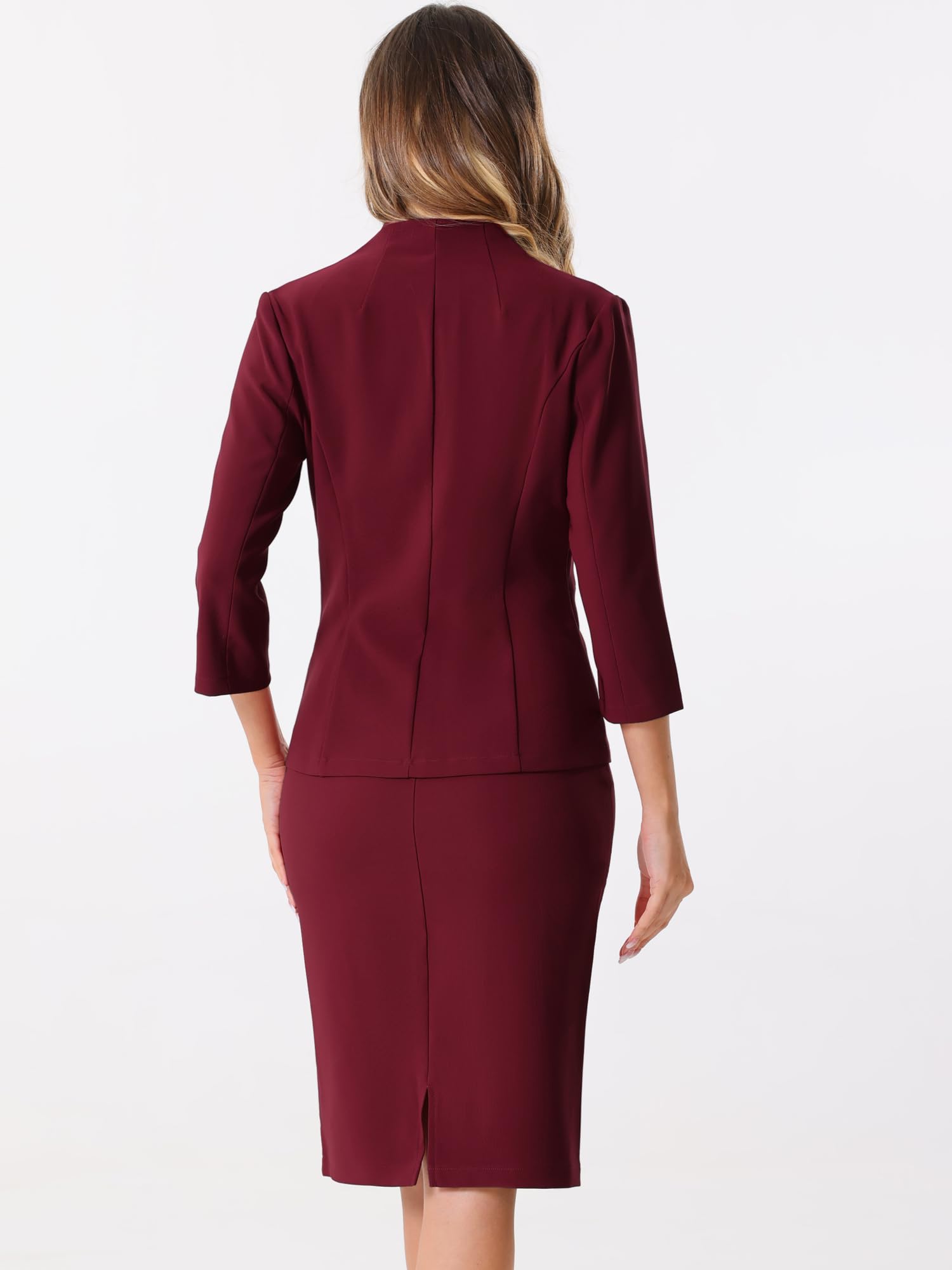 Allegra K Ensemble jupe d'affaires 2 pièces pour femme, tenue de travail de bureau, blazer sans col, jupe crayon | Blazer sans col à manches 3/4 et jupes crayon, vêtements professionnels formels, printemps, été, automne