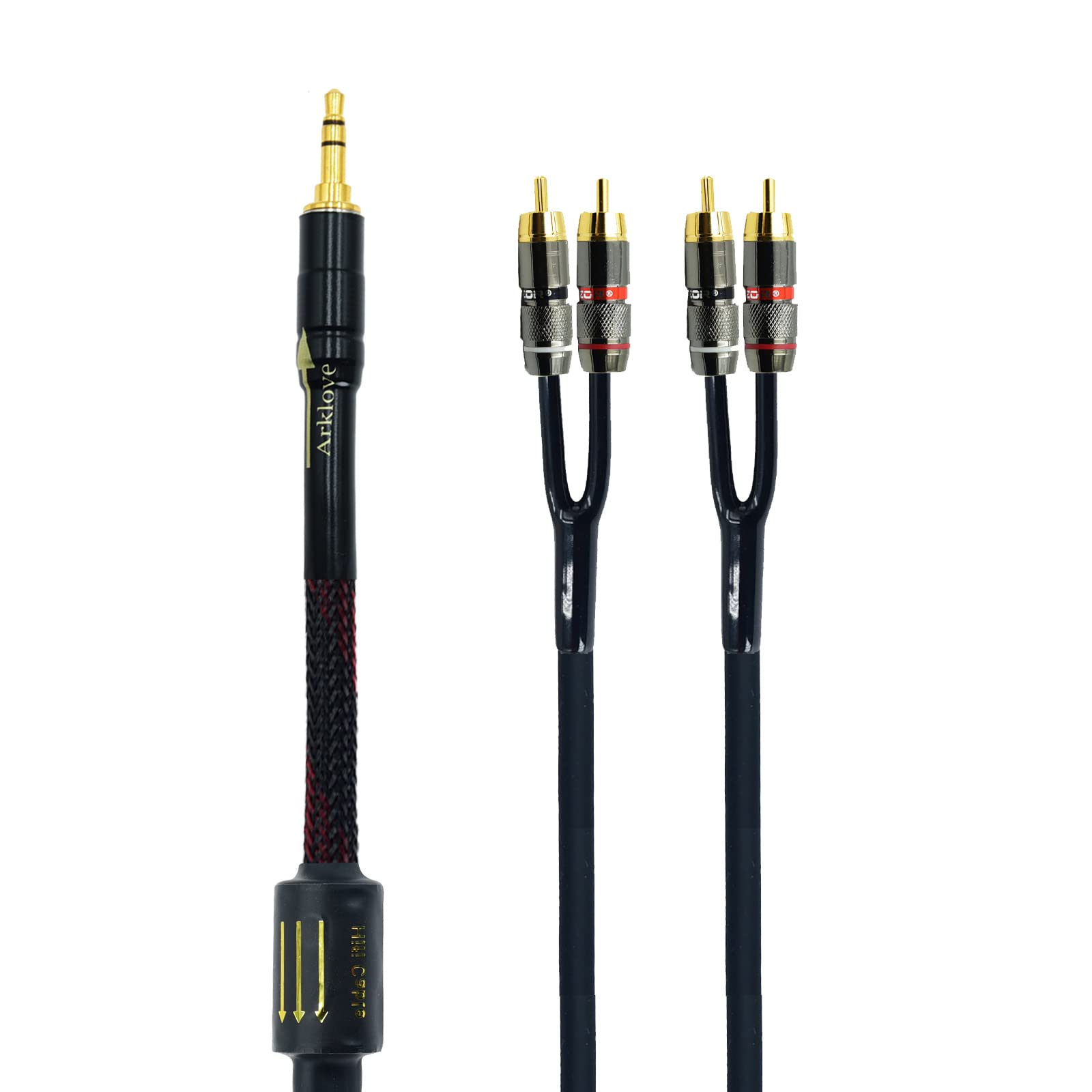 Arklove Cable divisor de salida RCA de 3,5 mm de entrada auxiliar blindado de 10 pies de 3,5 mm macho a 4 RCA macho en cable de altavoz dual chapado en oro de 24 quilates