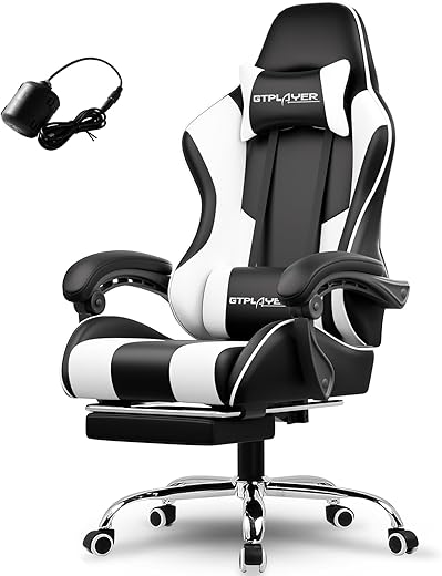 GTPLAYER Gaming Chair, Computer Chair with Footrest and Lumbar Support, Height Adjustable Game Chair with 360°-Swivel Seat and Headrest and for Office or Gaming (White)