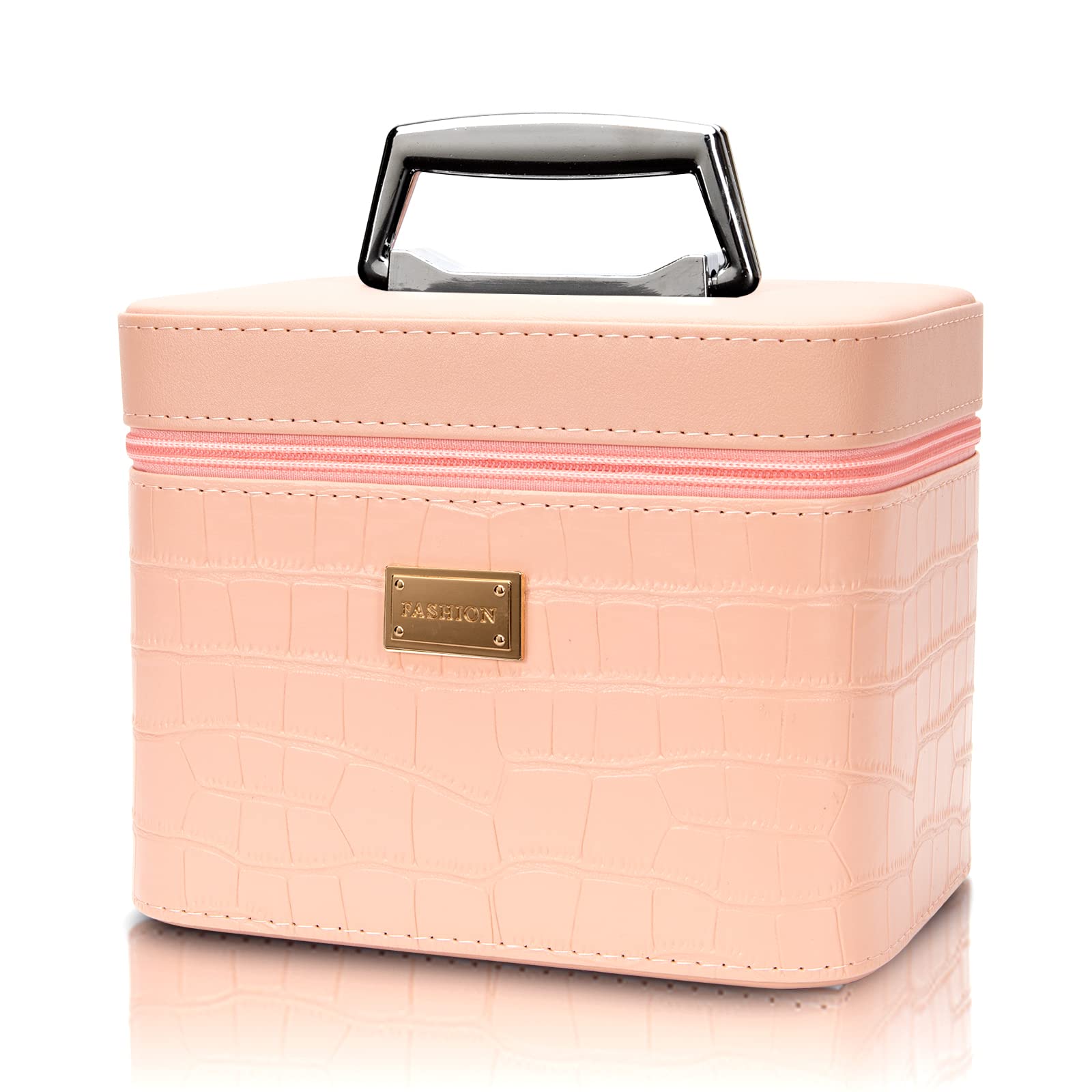 Fashion makeup box, Portable leather hard cosmetic case with mirror, Professional train case make up box for women adults. (Pink)