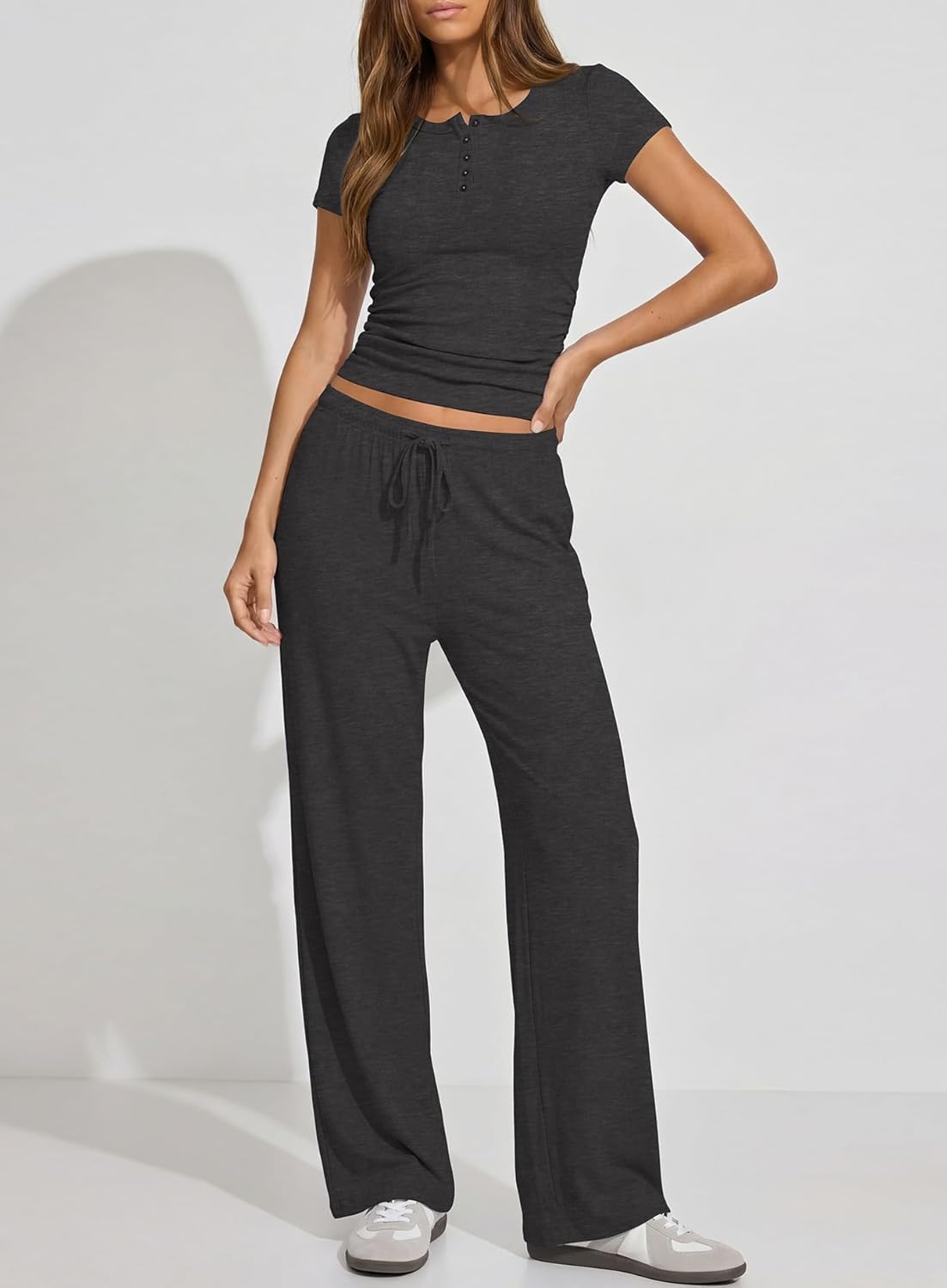 Darong Womens 2 Piece Matching Lounge Sets Summer Short Sleeve Henley Shirts Wide Leg Pants Airport Travel Spring Outfits - Image 3