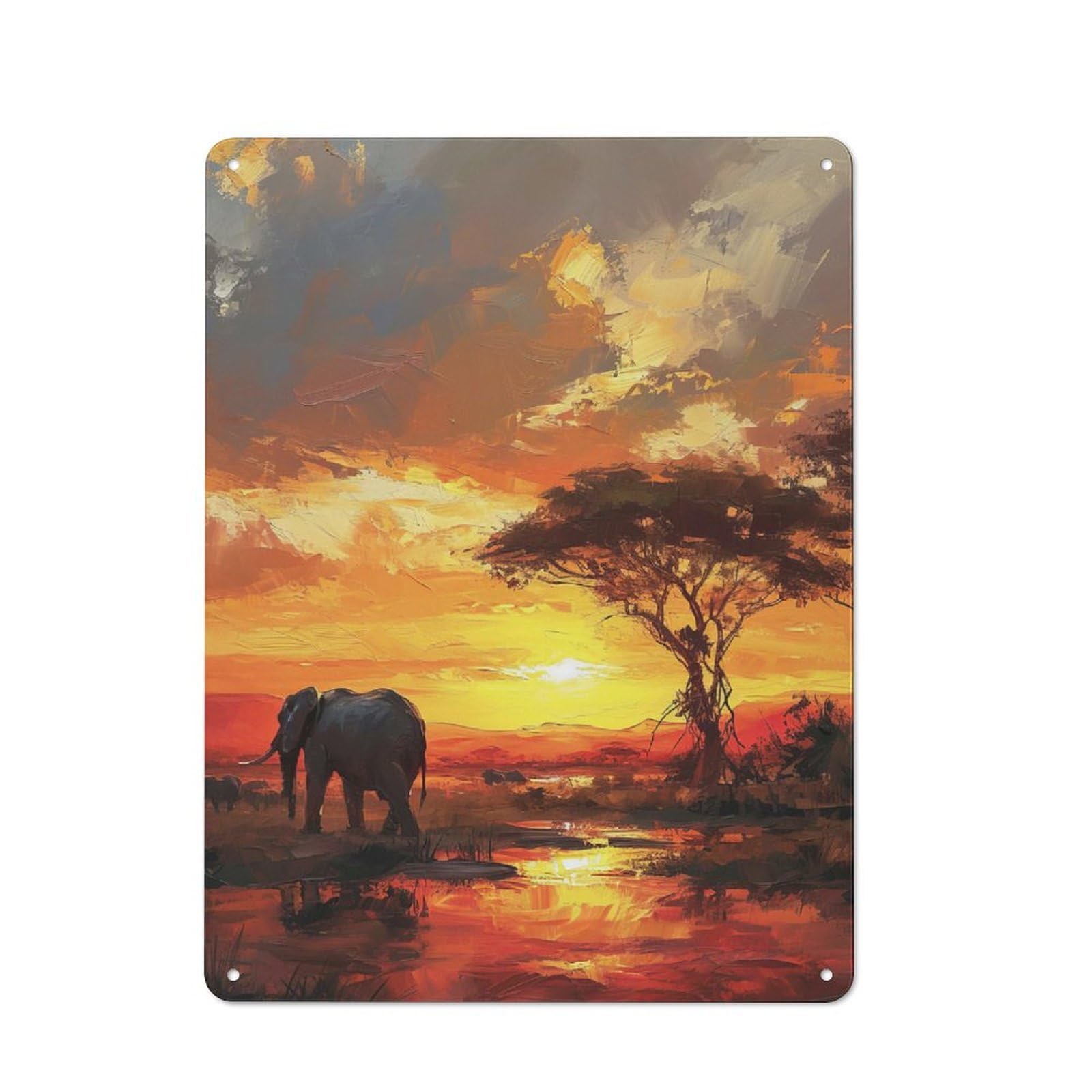 Junmoney Style-16 Elephant Sunset Rustic Tin Wall Plaque 40X30cm For Hobby Room Or Studio, A Christmas Gift For People Styling Hobby Room And Studio