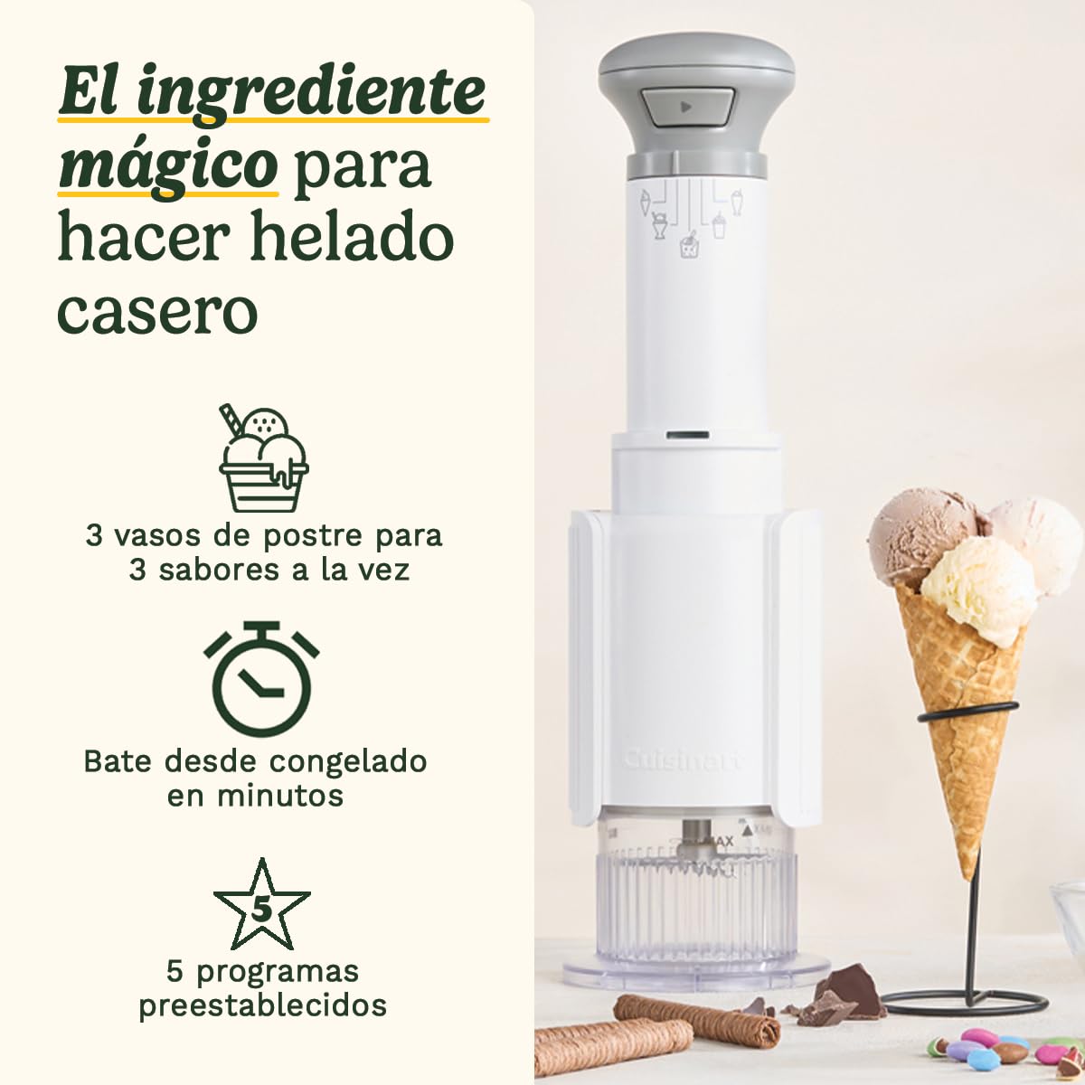 Cuisinart FreezeWand – Máquina de helados 5 en 1: Helado, sorbete, batido, granizado, mezclas, Vegana, sin lácteos, Lista en 5 min, Compacta y portátil, Bol de congelación instantánea 3X240ml - 2