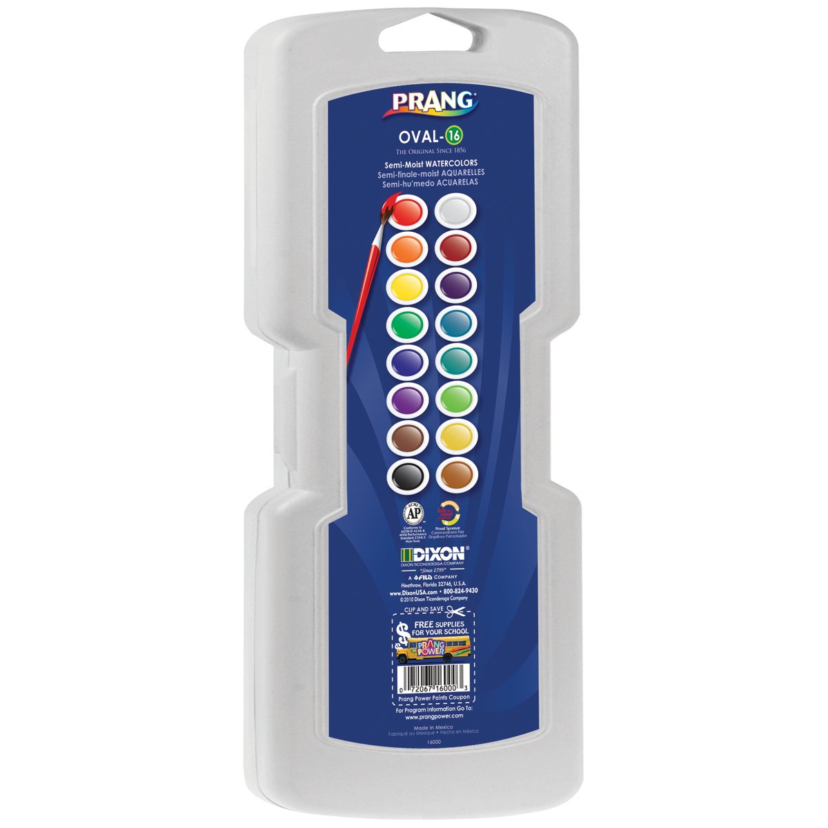 Prang Semi-Moist Watercolor Paint Set, 16-Color Oval Pan with Brush