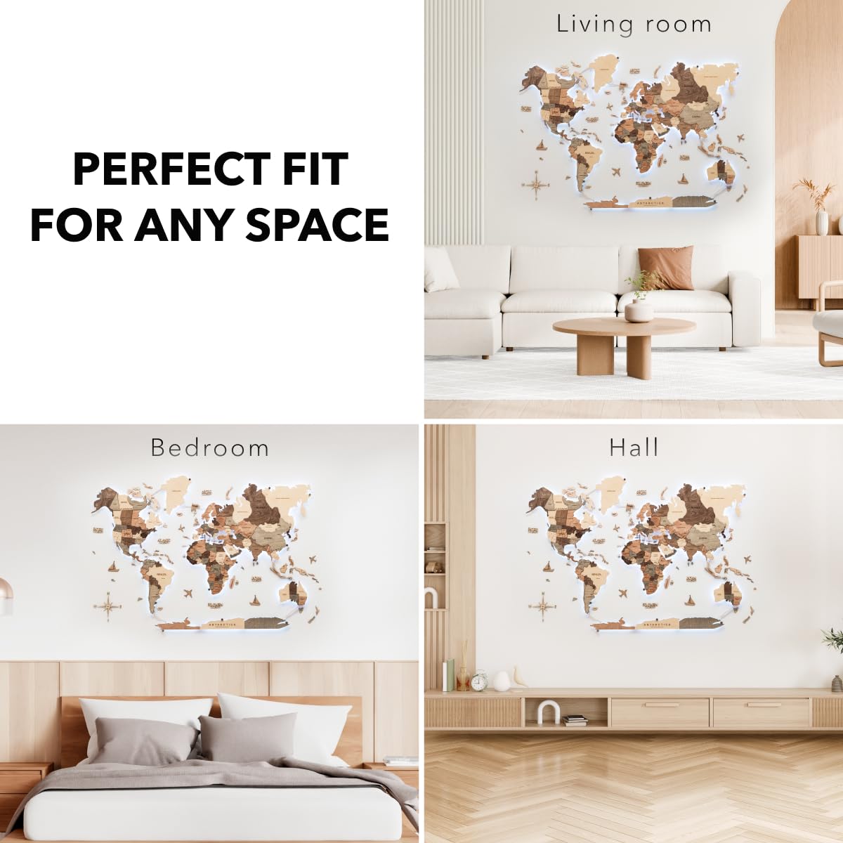 Enjoy The Wood 3D-Holz-Weltkarte, LED 3.0, Wandkunst, moderne Wohnkultur, Geschenke, LED-Beleuchtung, Wanddekoration, Einweihungsgeschenk