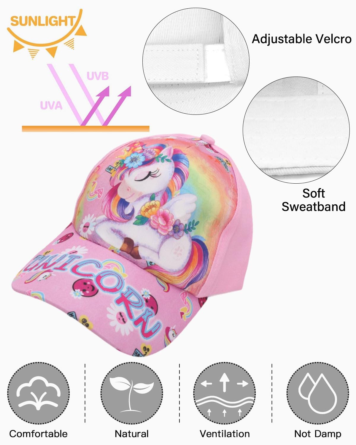 1 PCS Gorra de Béisbol para Niñas Gorra de Camionero para Niños Gorras Ajustables con Visera de Gorras Informales Transpirables, Unicornio en reposo