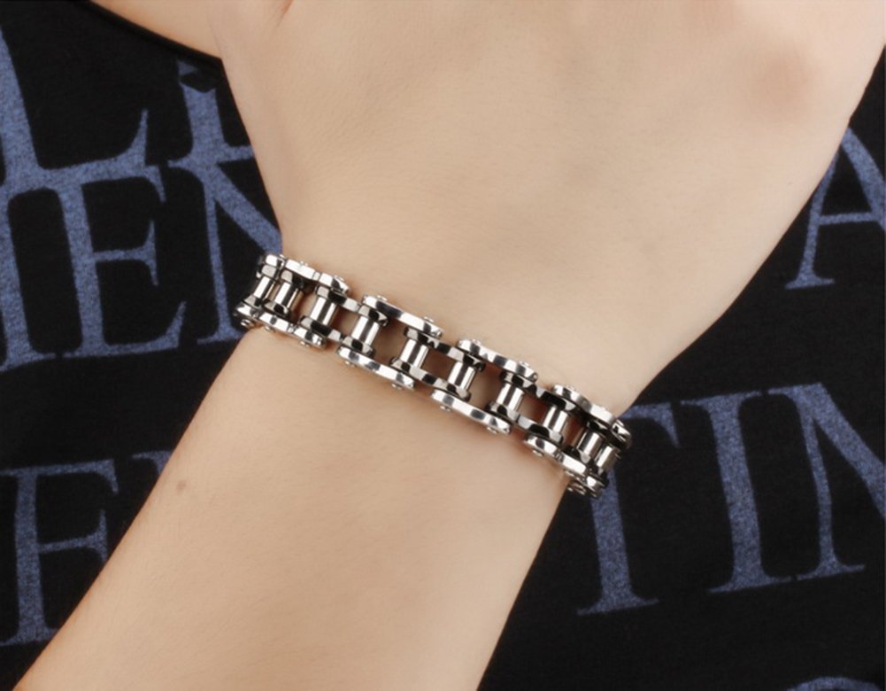 JewelryWe Męska bransoletka ze stali nierdzewnej punk rock mechaniczny styl rower rowerzysta łańcuch lista bransoletka na nadgarstek