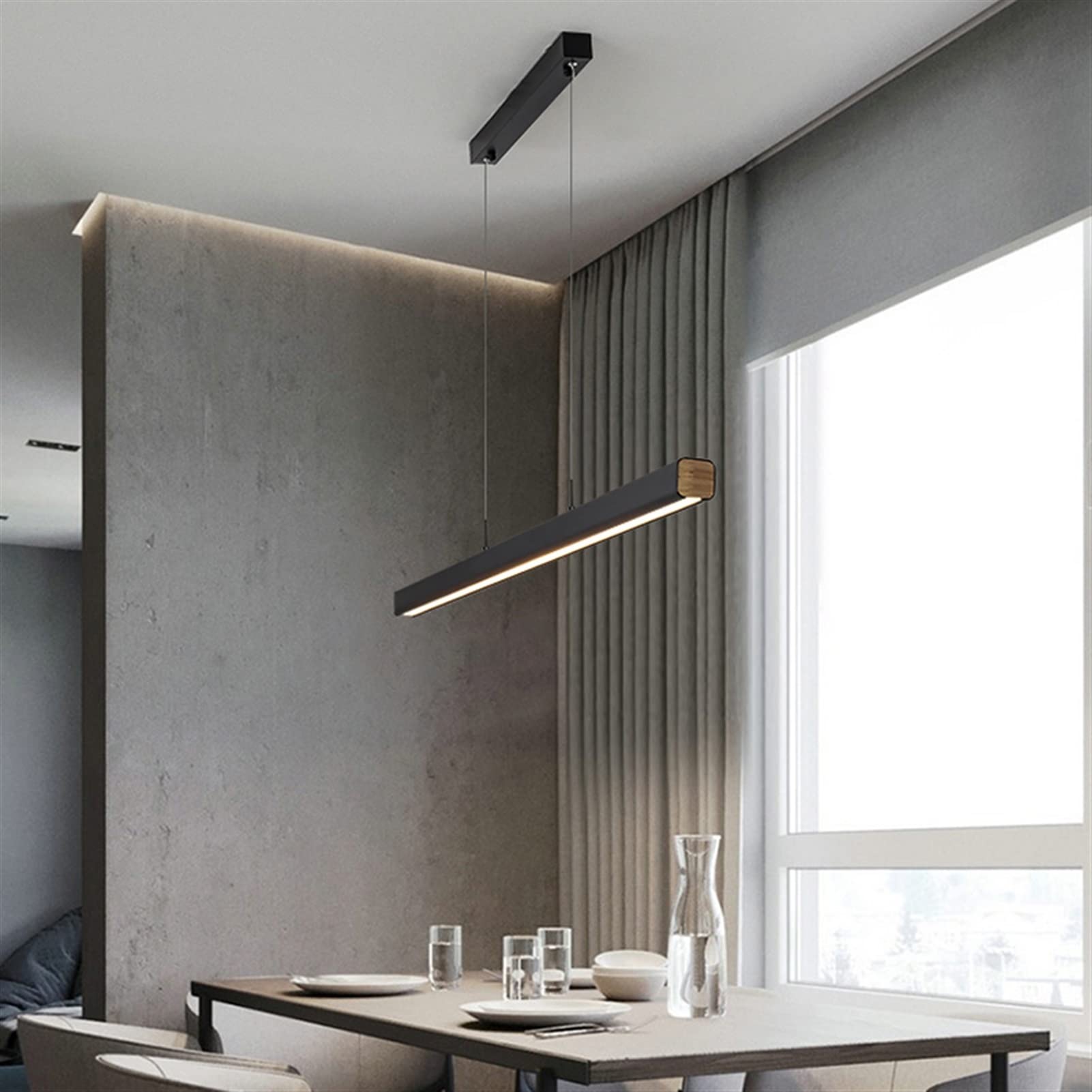 ASerZenith Chandelier, 1 Word Minimalist Dining Room Chandelier Modern Long Strip Table Lamp Luxury Bar Office Light,L120Cm-Black-Warm3000K