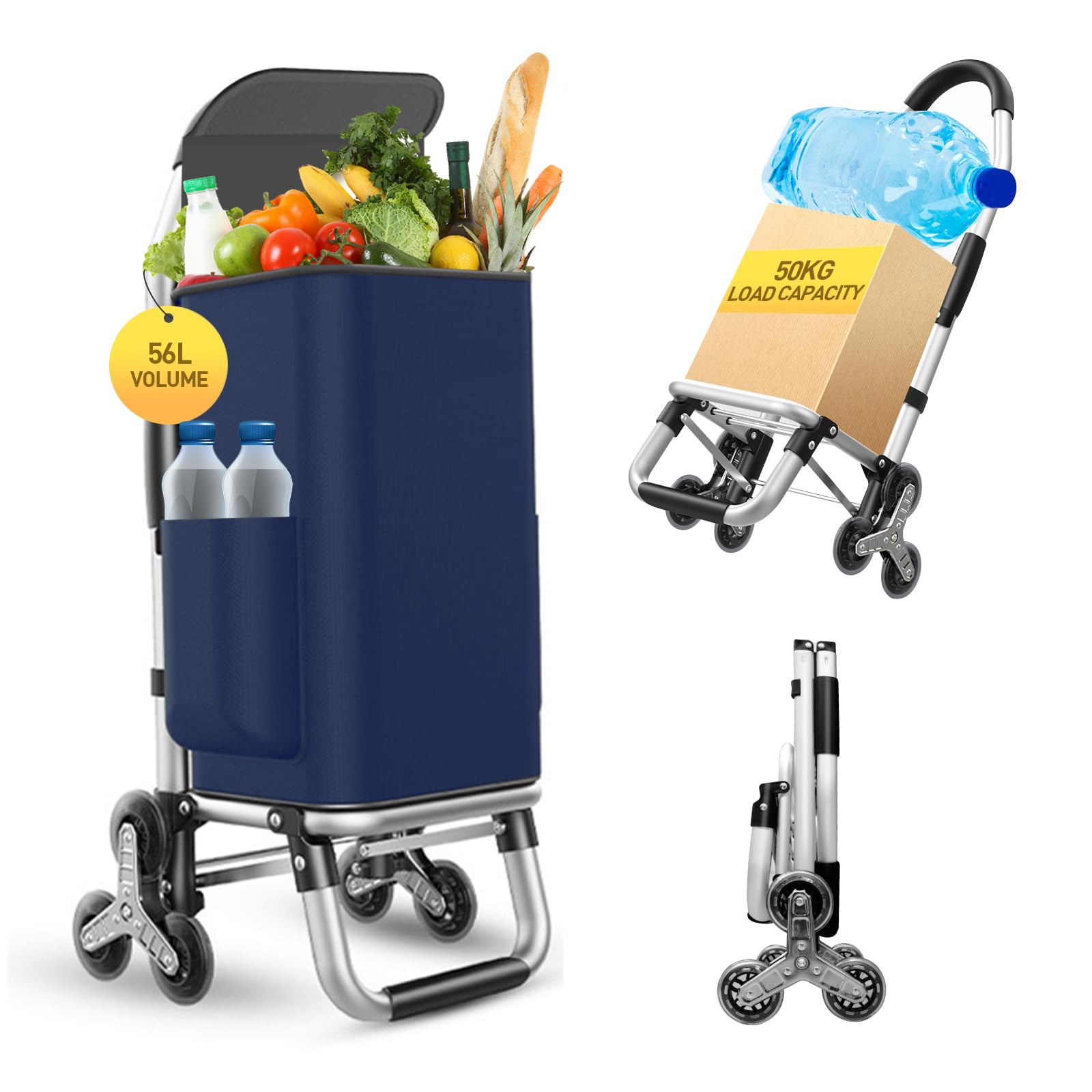Heavy Duty 3 in 1 Shopping Cart, Foldable Hand Truck with 6 Wheels, 110 lbs Grocery Cart, Portable Utility Dolly, Waterproof Bag for Moving, Camping