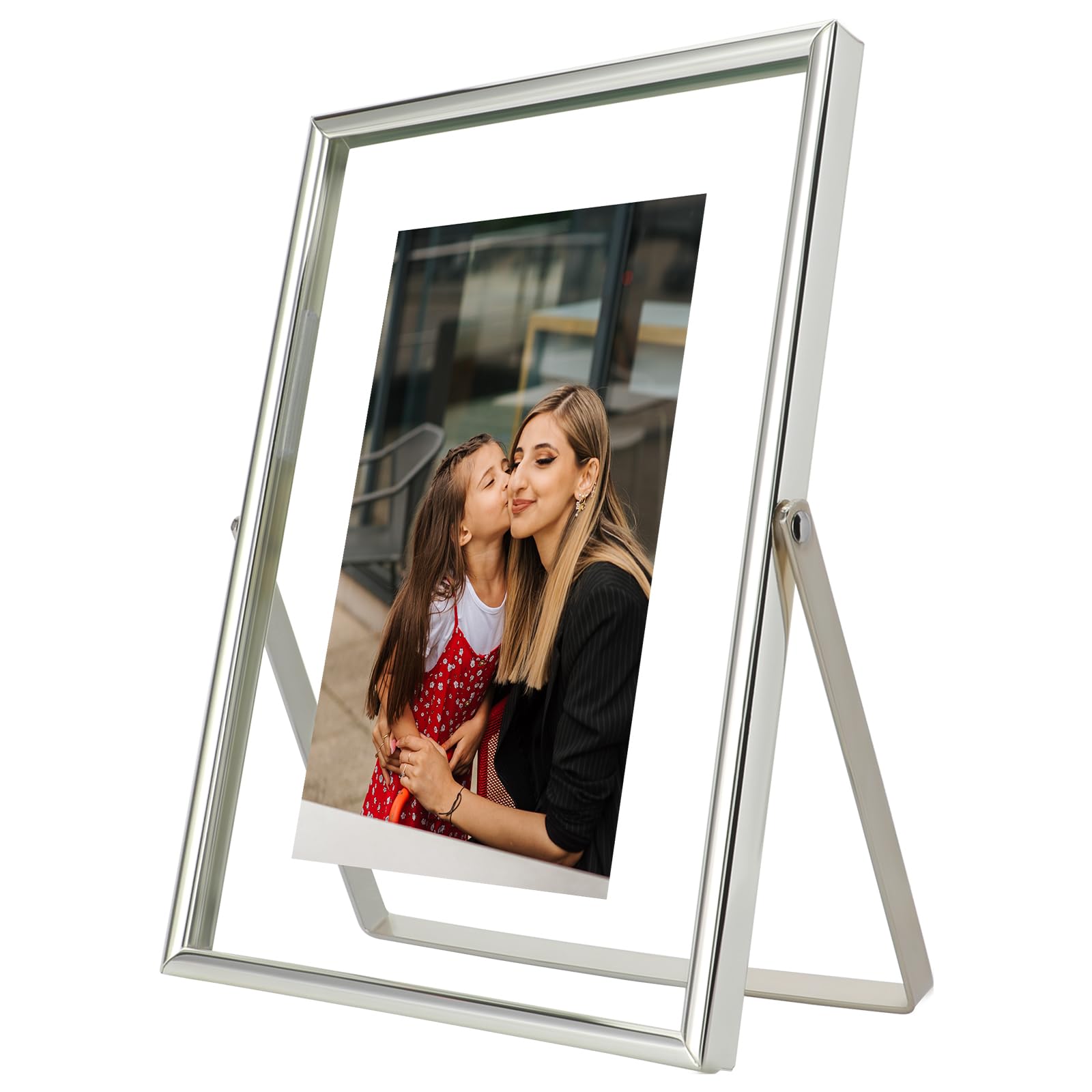 AhaGo Silver Floating Frame (5"x7", Vertical), For Picture 4x6, 3.5x5, 2x3, Small Desktop Photo Frame, Classy Gift For Festival, Wedding, Home or Office Décor