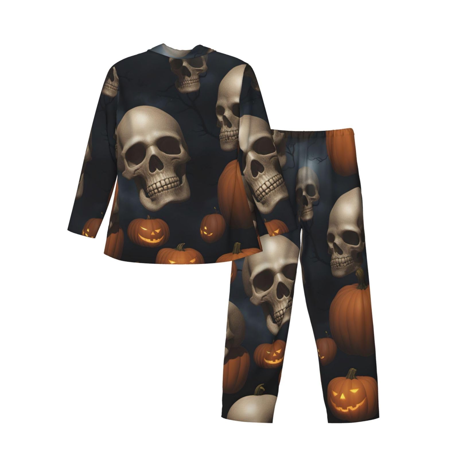 Langärmeliges Pyjama-Set für Herren, Halloween, Totenkopf-Aufdruck, zweiteilig, Hauskleidung, bequeme Nachtwäsche