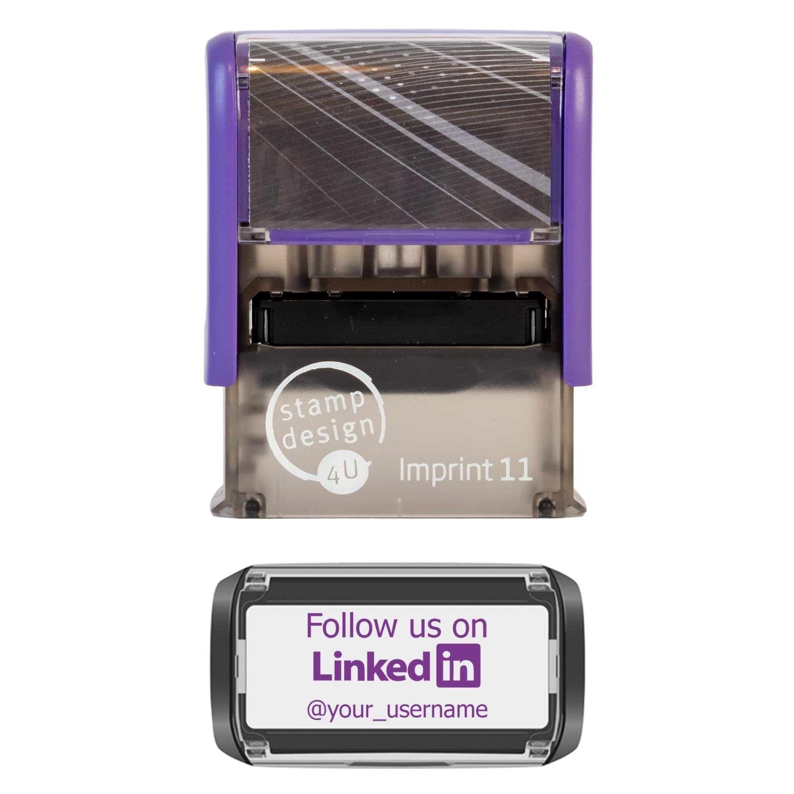 Personalised Social Media Custom Stamp Self Inking - Follow us on LinkedIn in Violet Ink