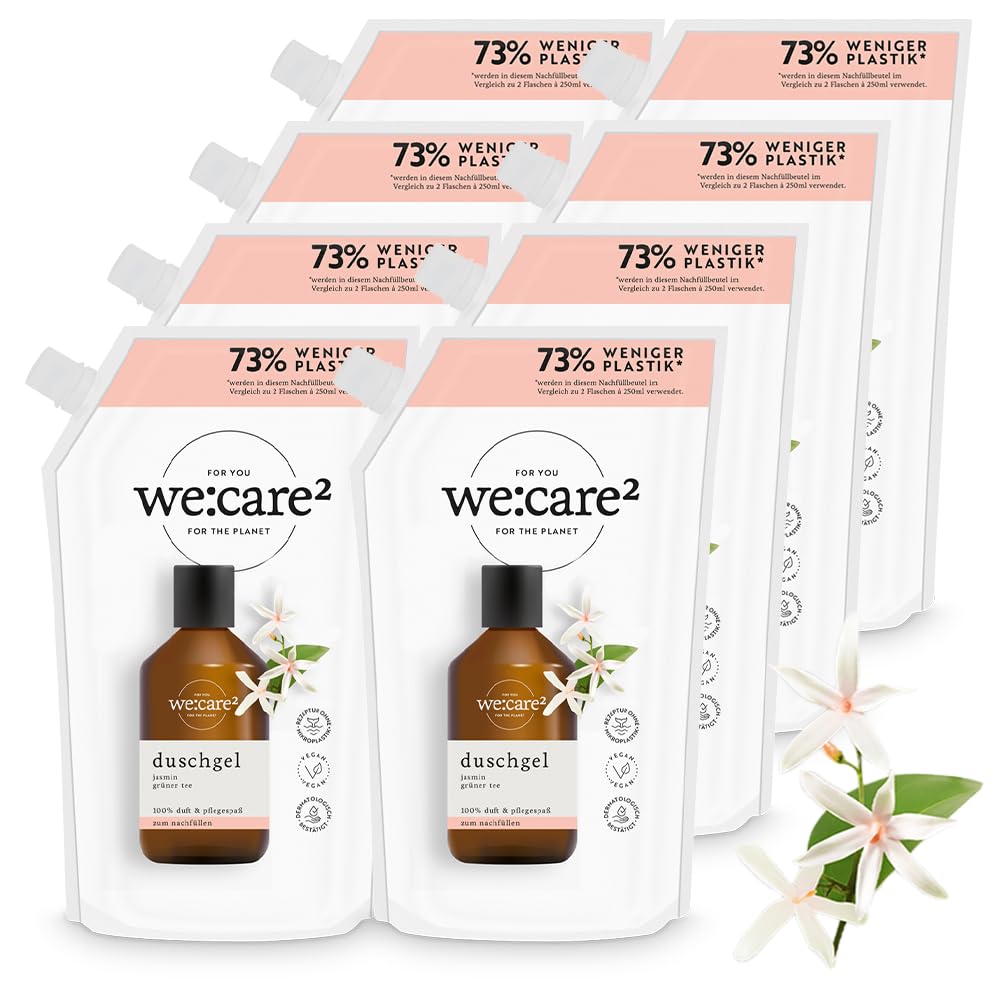 we:care² 8 bolsas de recarga de gel de ducha de 500 ml, jazmín/té verde, paquete de recarga de gel de ducha sostenible y vegano, sin siliconas, parabenos y microplásticos, recarga de jabón líquido